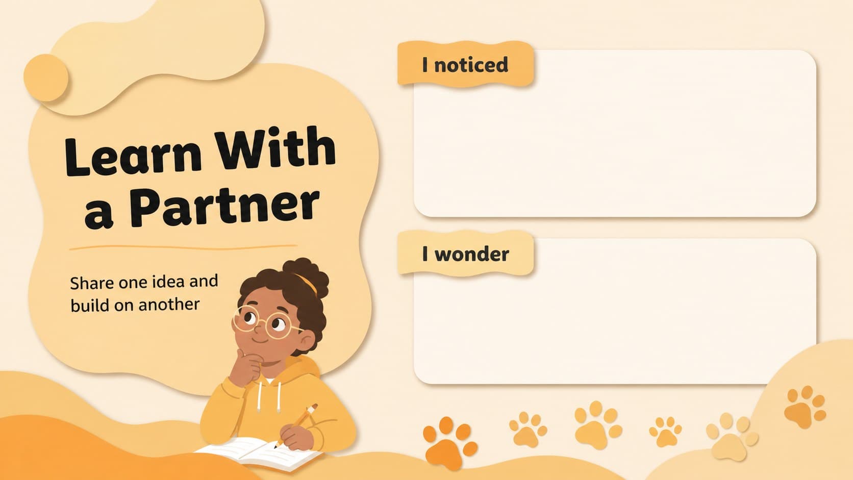 Group activity slide with partner discussion prompts in an orange and yellow classroom theme.