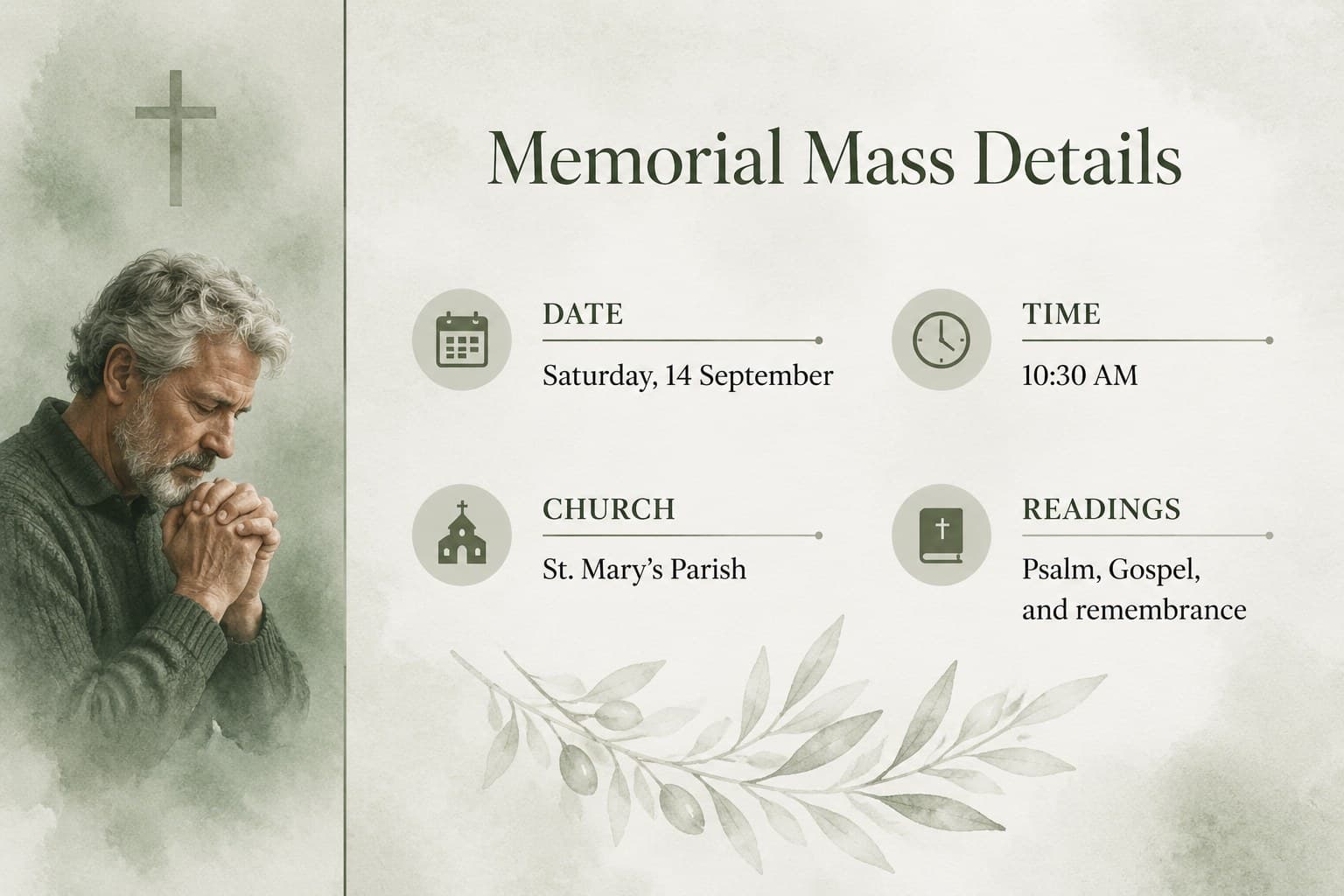 Catholic memorial mass invitation slide presenting service date, location, readings, and a quiet watercolor remembrance motif.