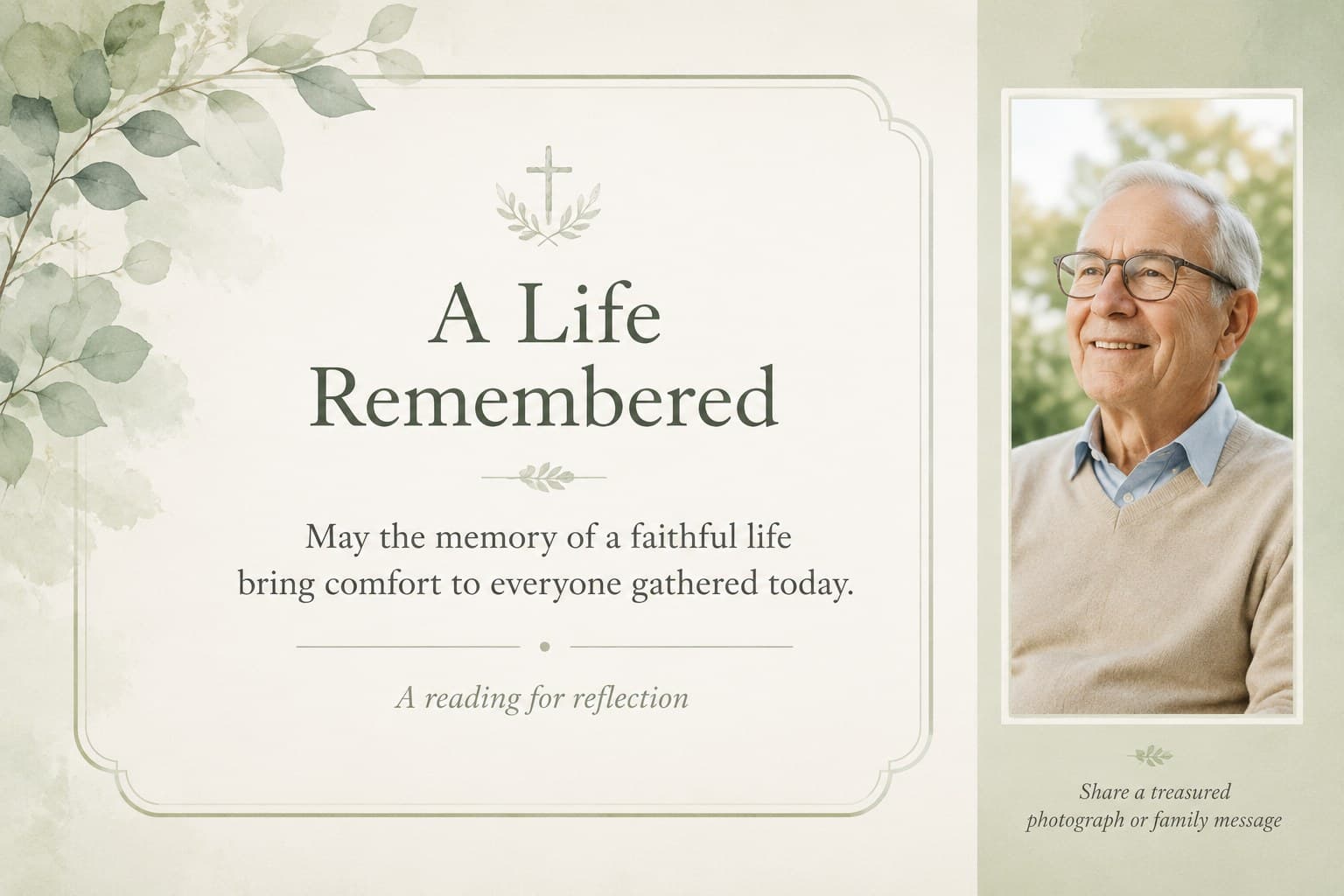 Green and grey watercolor memorial presentation slide with scripture, family remembrance, and a framed photograph area.