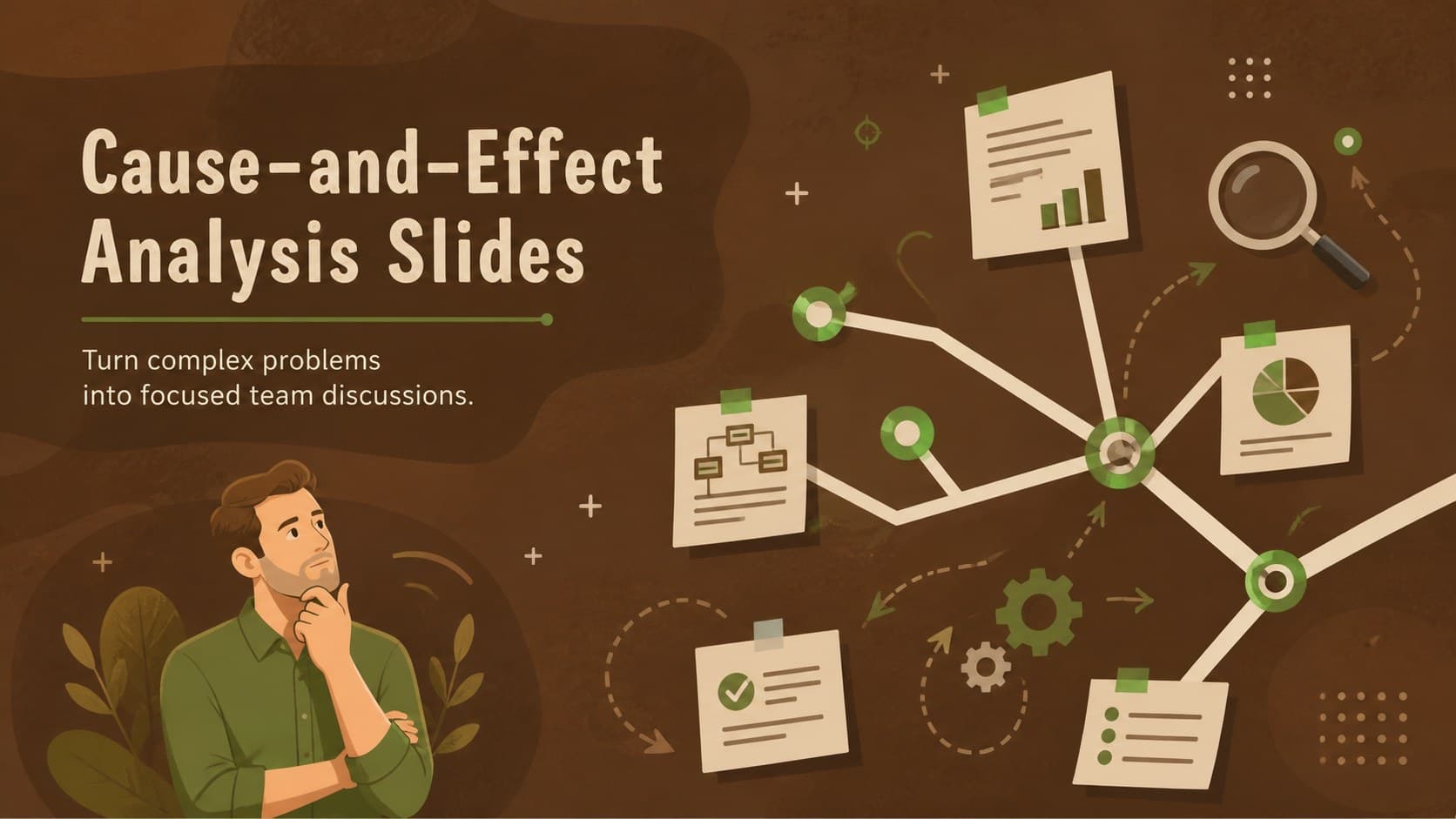 Cover for Cause-and-Effect Analysis Slides with warm brown illustrations and a structured business problem-solving motif.