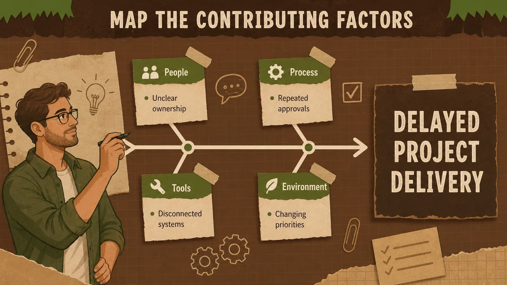 Cause and effect diagram presentation slide organizing possible factors into people, process, tools, and environment categories.