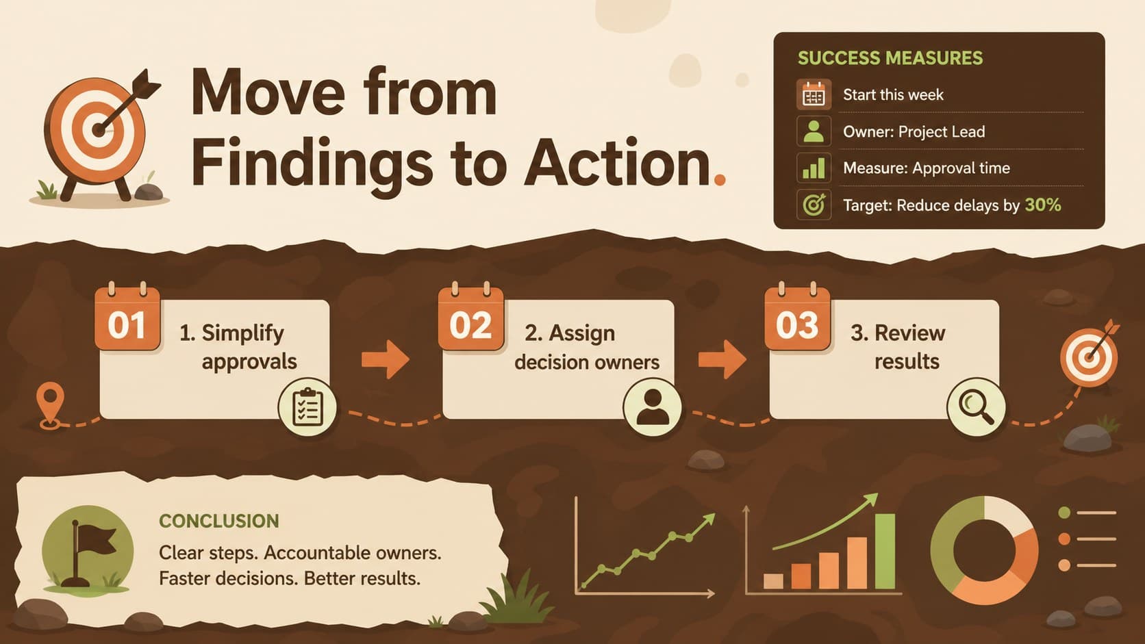 Problem solving workshop slide summarizing priority actions, responsible owners, and follow-up measures in a brown infographic layout.