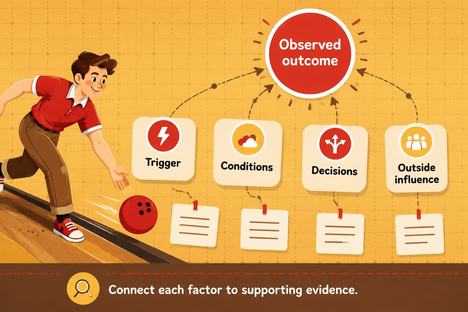 Educational cause and effect diagram presentation mapping four contributing factors to one central outcome.