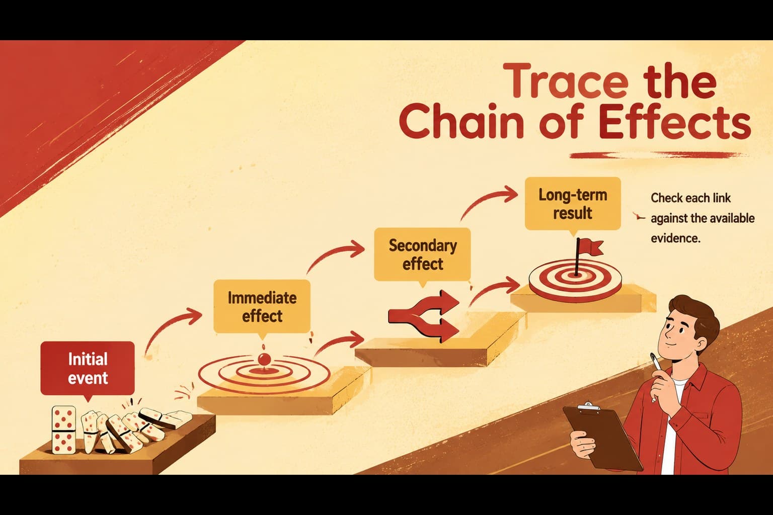 Illustrated cause and effect chain graphic organizer showing immediate, secondary, and long-term consequences.