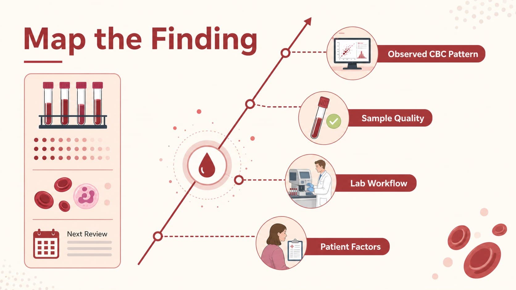 CBC root cause analysis slide organizing laboratory findings into labeled contributing-factor branches.