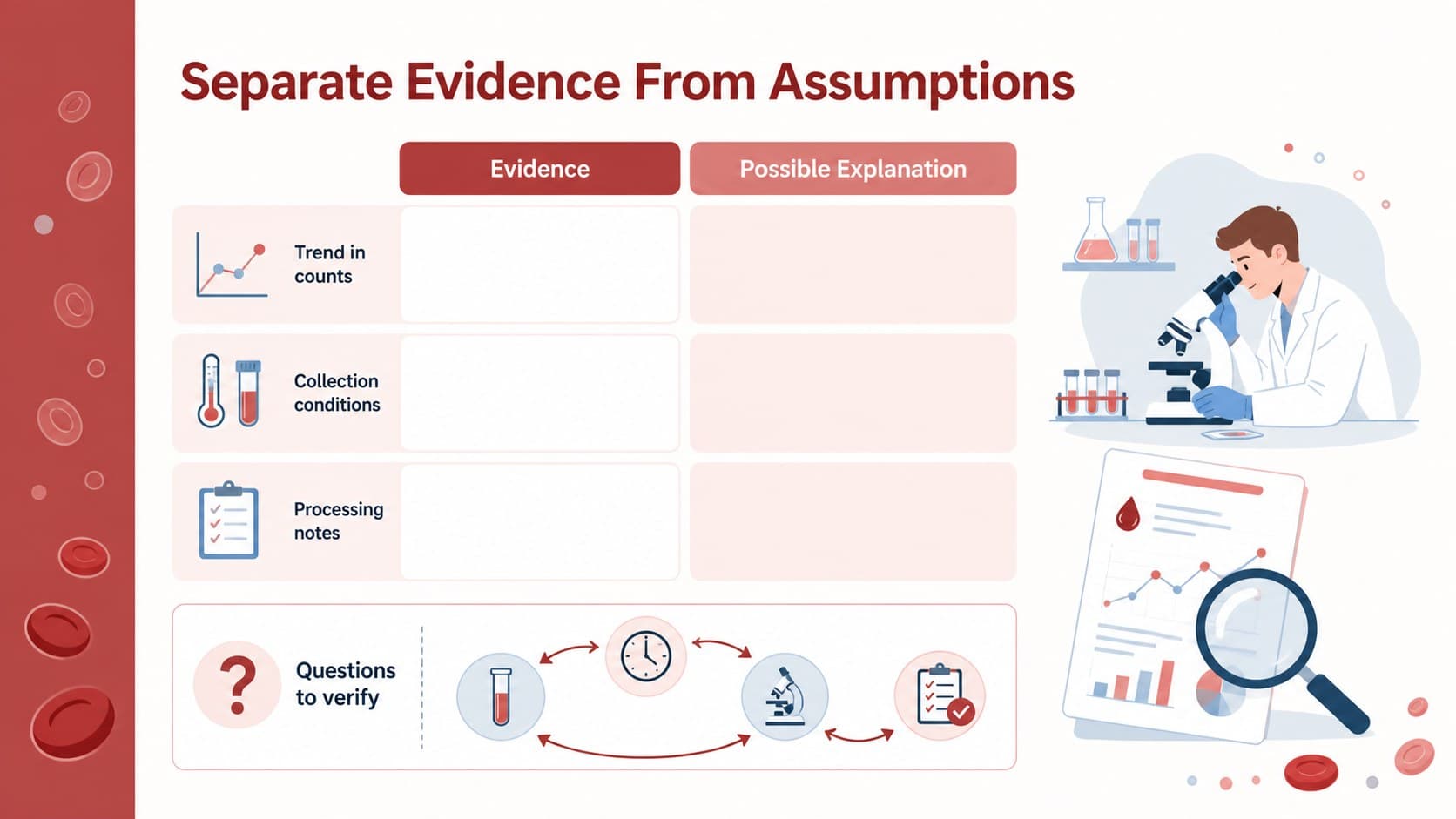 Medical root cause presentation slide comparing evidence categories and possible explanations for CBC results.