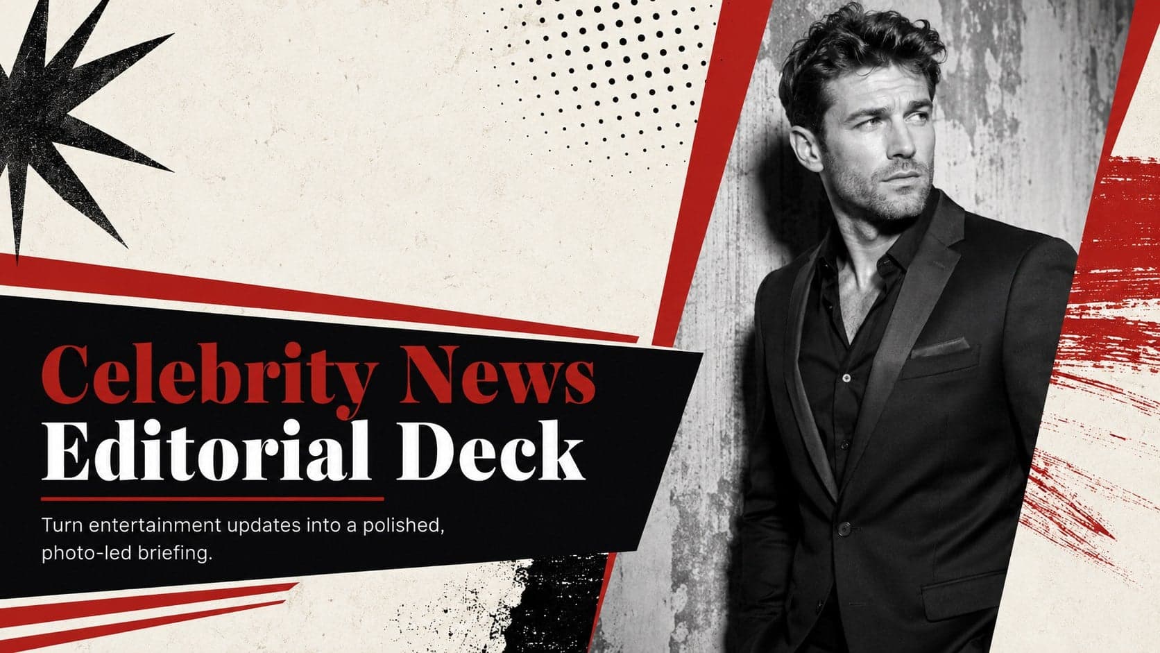 Cover of a celebrity news editorial deck with bold red and black typography and a large entertainment portrait.