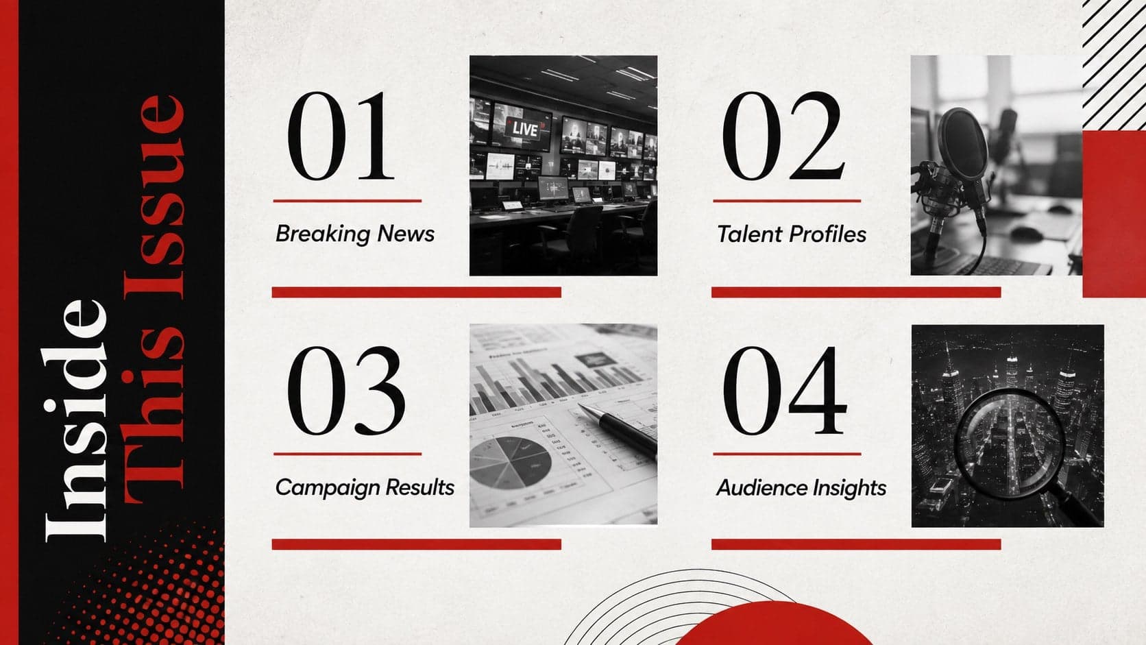 Editorial contents page listing sections for breaking news, talent profiles, campaign results, and audience insights.
