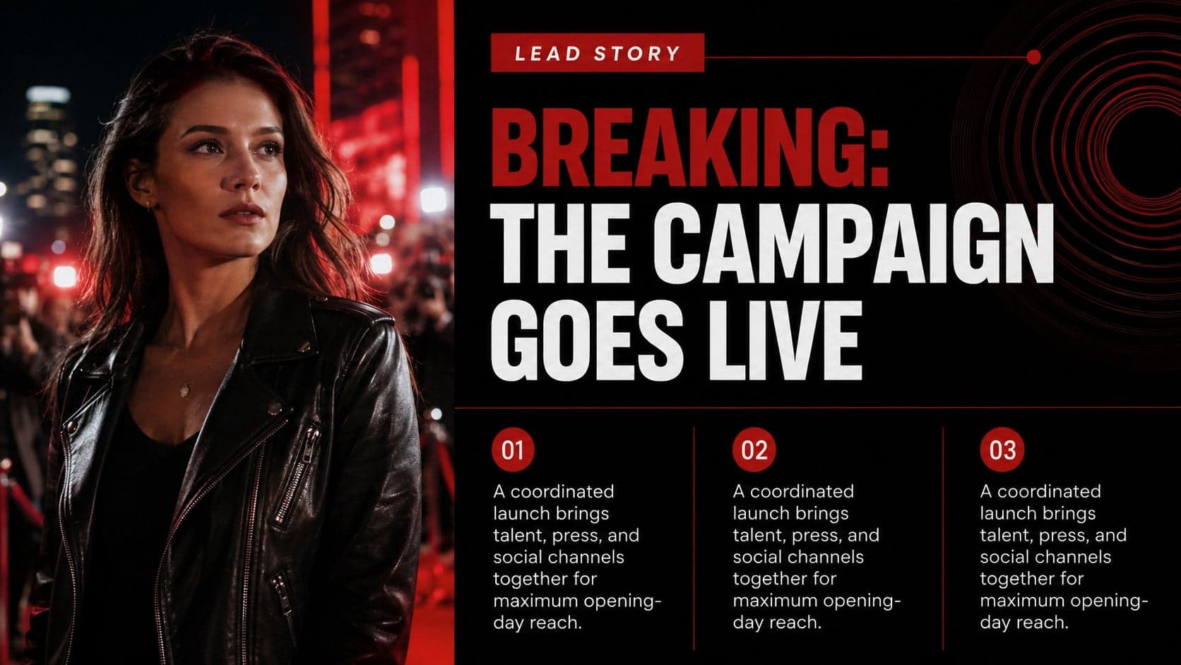 Breaking entertainment news layout with a lead photograph, concise story copy, and red editorial accents.