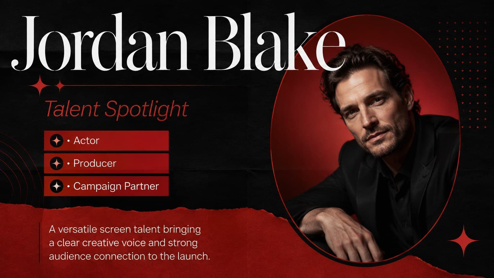 Celebrity profile presentation layout featuring an original portrait, biography details, and career highlights.