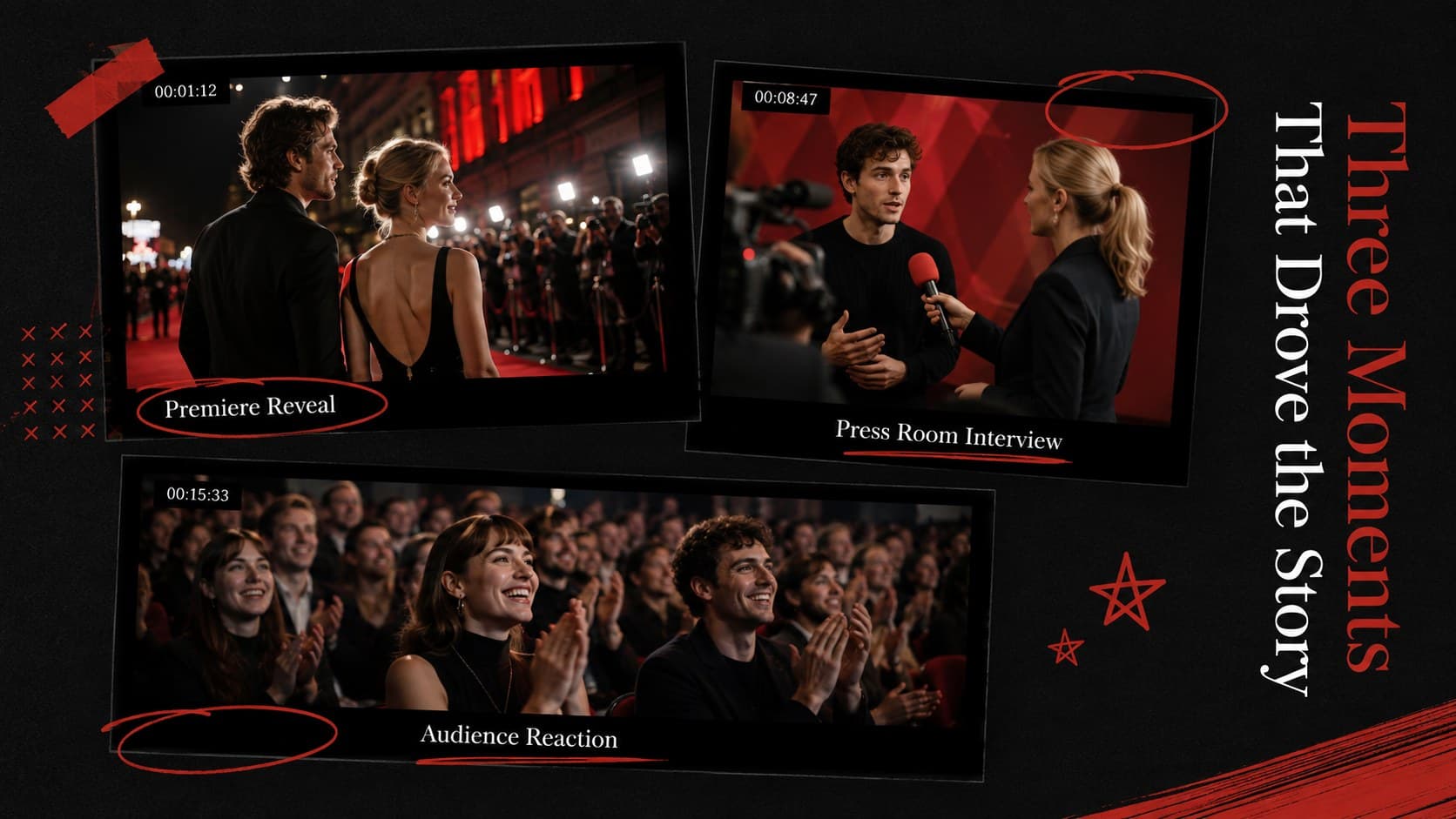 Photo-led pop culture presentation slide with three campaign moments arranged as an editorial contact sheet.