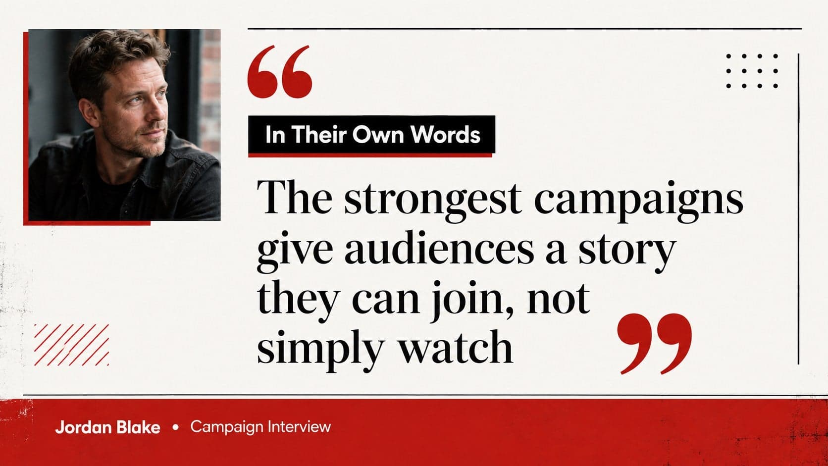 Entertainment interview slide displaying an original speaker portrait and a prominent editorial pull quote.