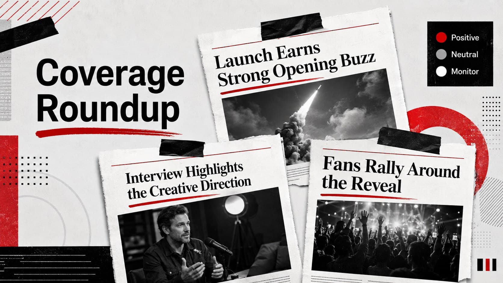 Press coverage roundup slide with publication-style clippings, sentiment labels, and story summaries.