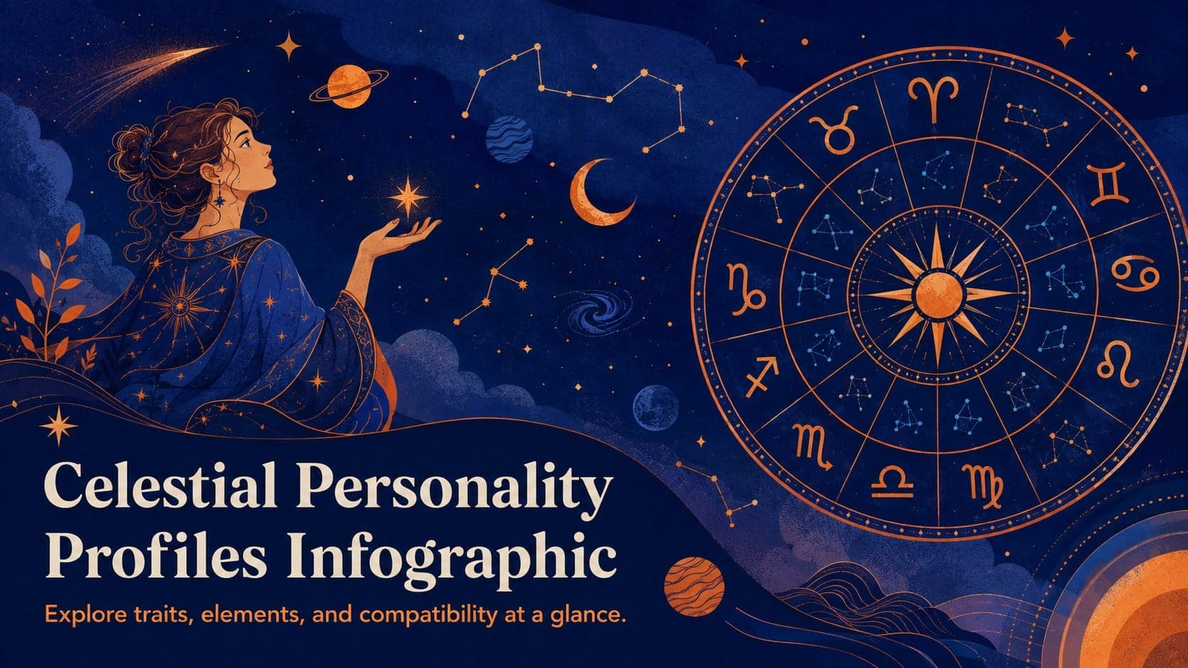 Cover for a celestial personality profiles infographic featuring an illustrated zodiac wheel in blue and orange.
