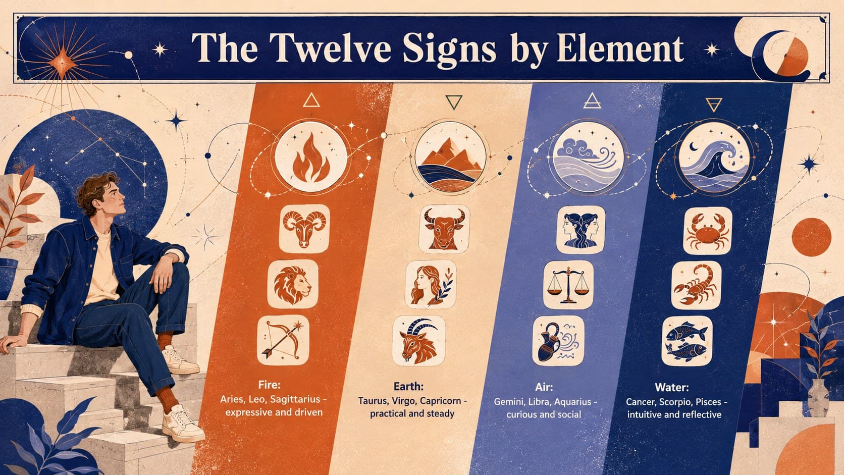 Blue-and-orange zodiac traits comparison slide grouping twelve star signs by their four elements.