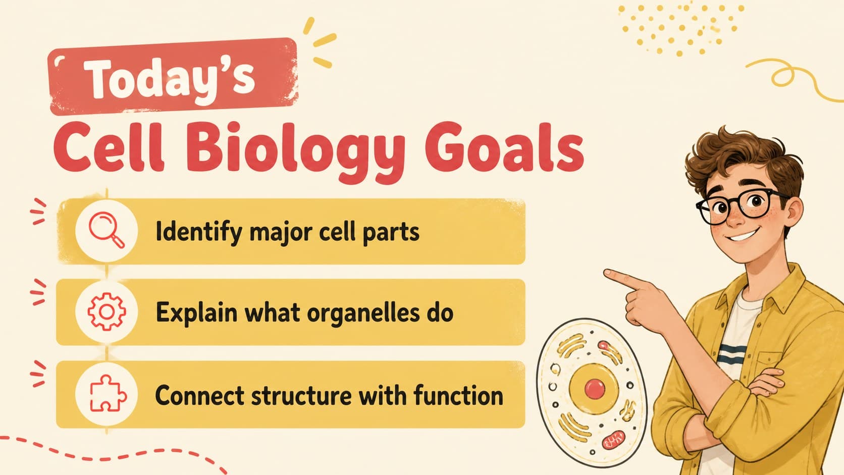 Learning goals slide introducing a high school cell structure lesson with colorful illustrated biology symbols.