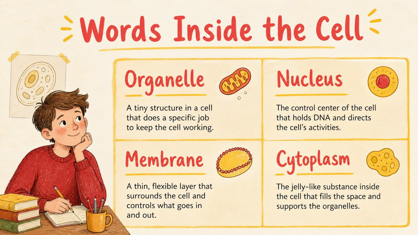 Cell biology vocabulary slide defining essential terms for a high school science class.