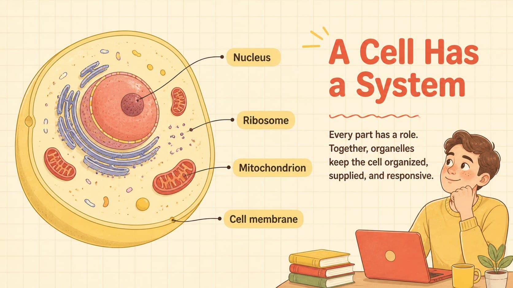 Cell structure overview slide showing a simplified illustrated cell with labeled components.