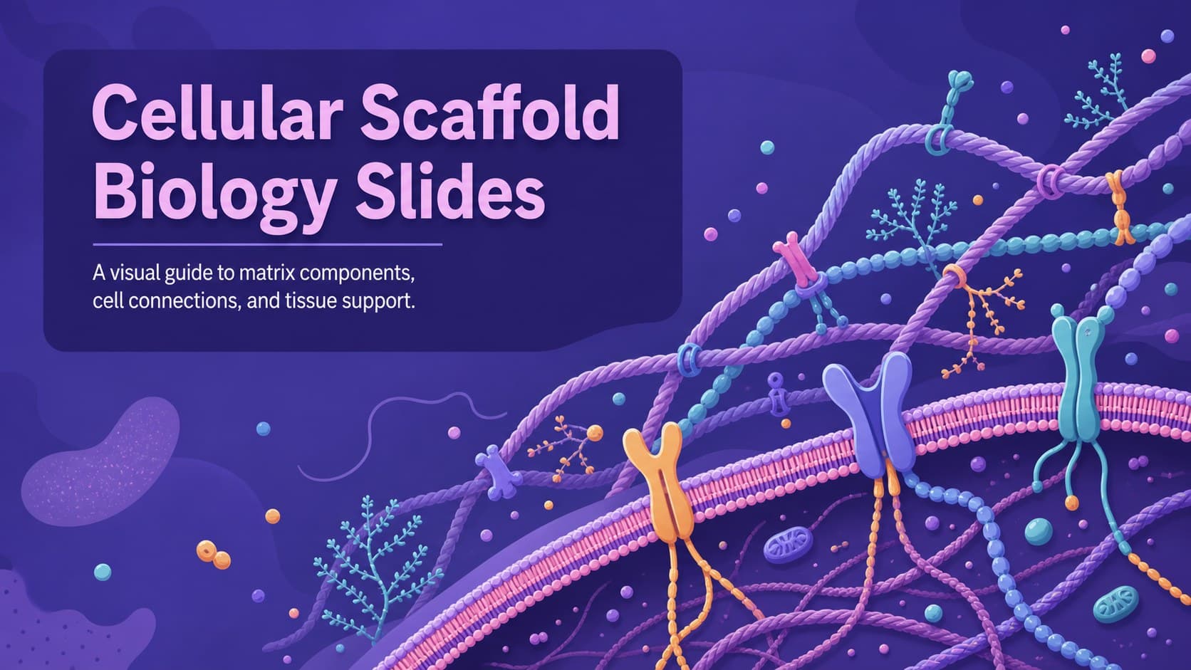 Cover for Cellular Scaffold Biology Slides with colorful extracellular matrix illustrations on a violet-accented background.