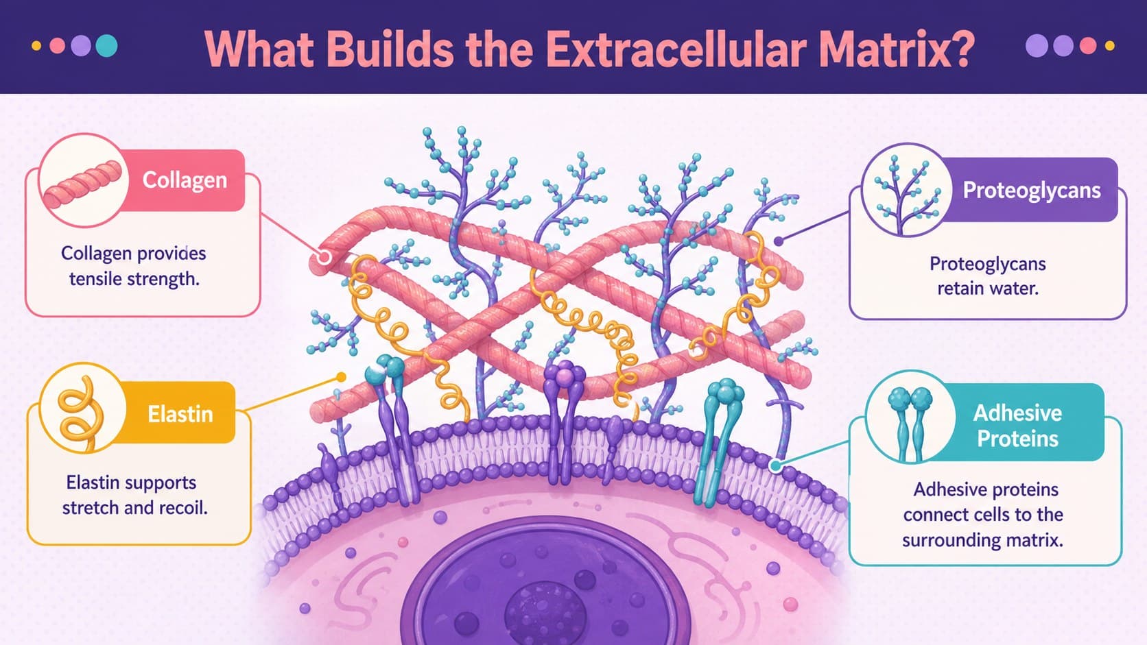 Extracellular matrix components diagram identifying collagen, elastin, proteoglycans, and adhesive proteins.
