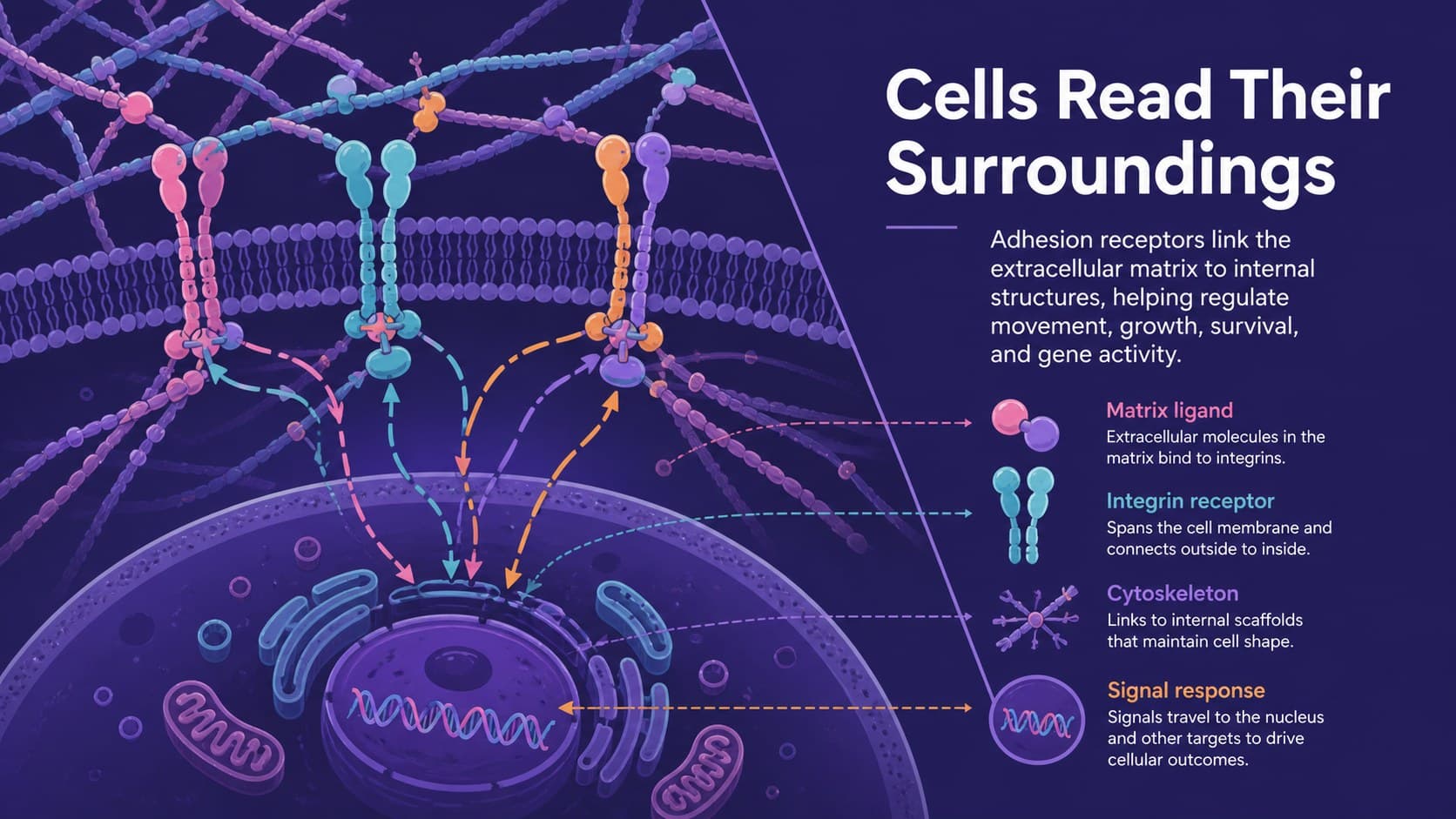 Cell adhesion and signaling slide showing integrins connecting a cell membrane to the extracellular matrix.