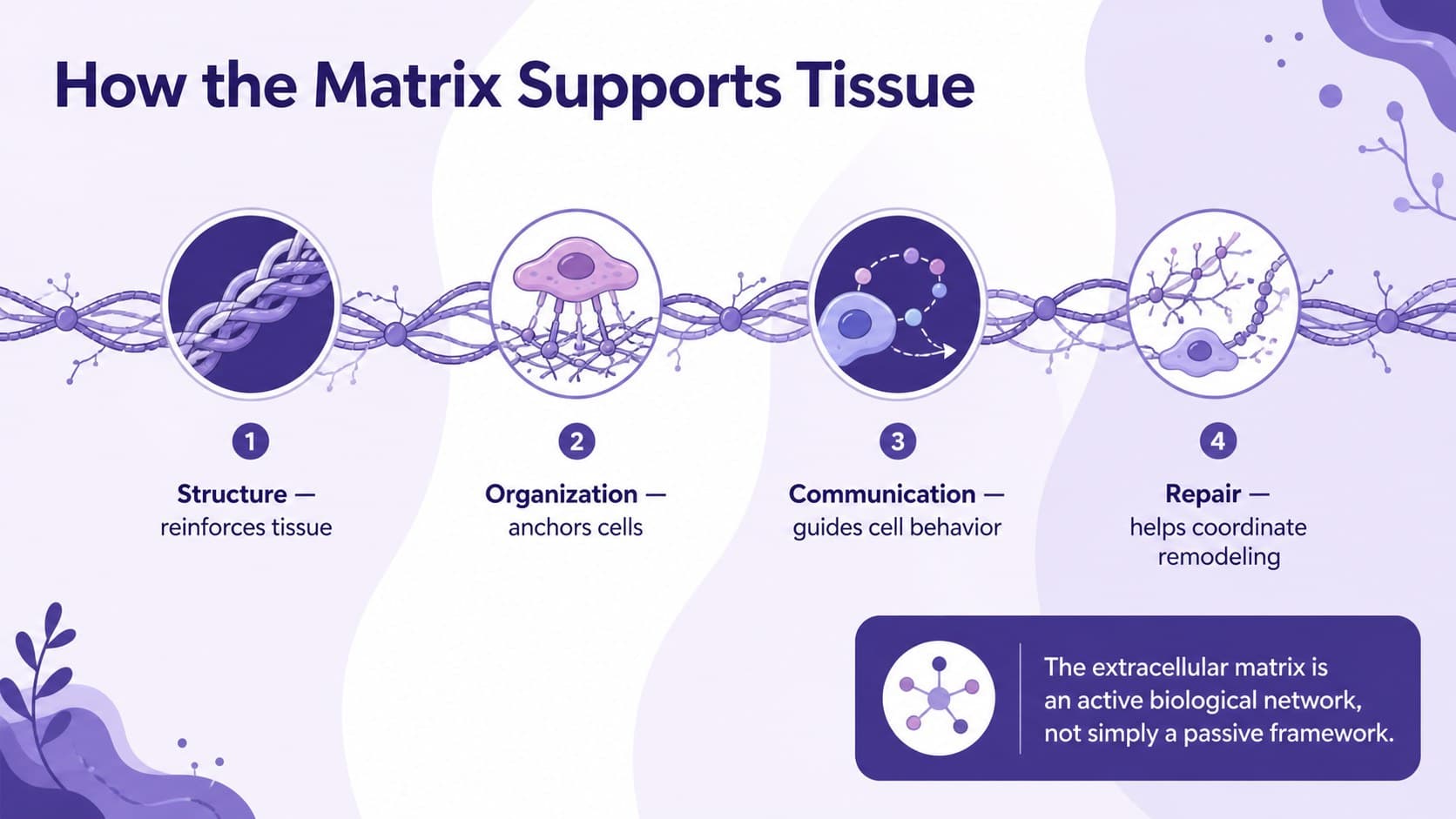 Tissue support summary infographic explaining the structural and signaling roles of the extracellular matrix.
