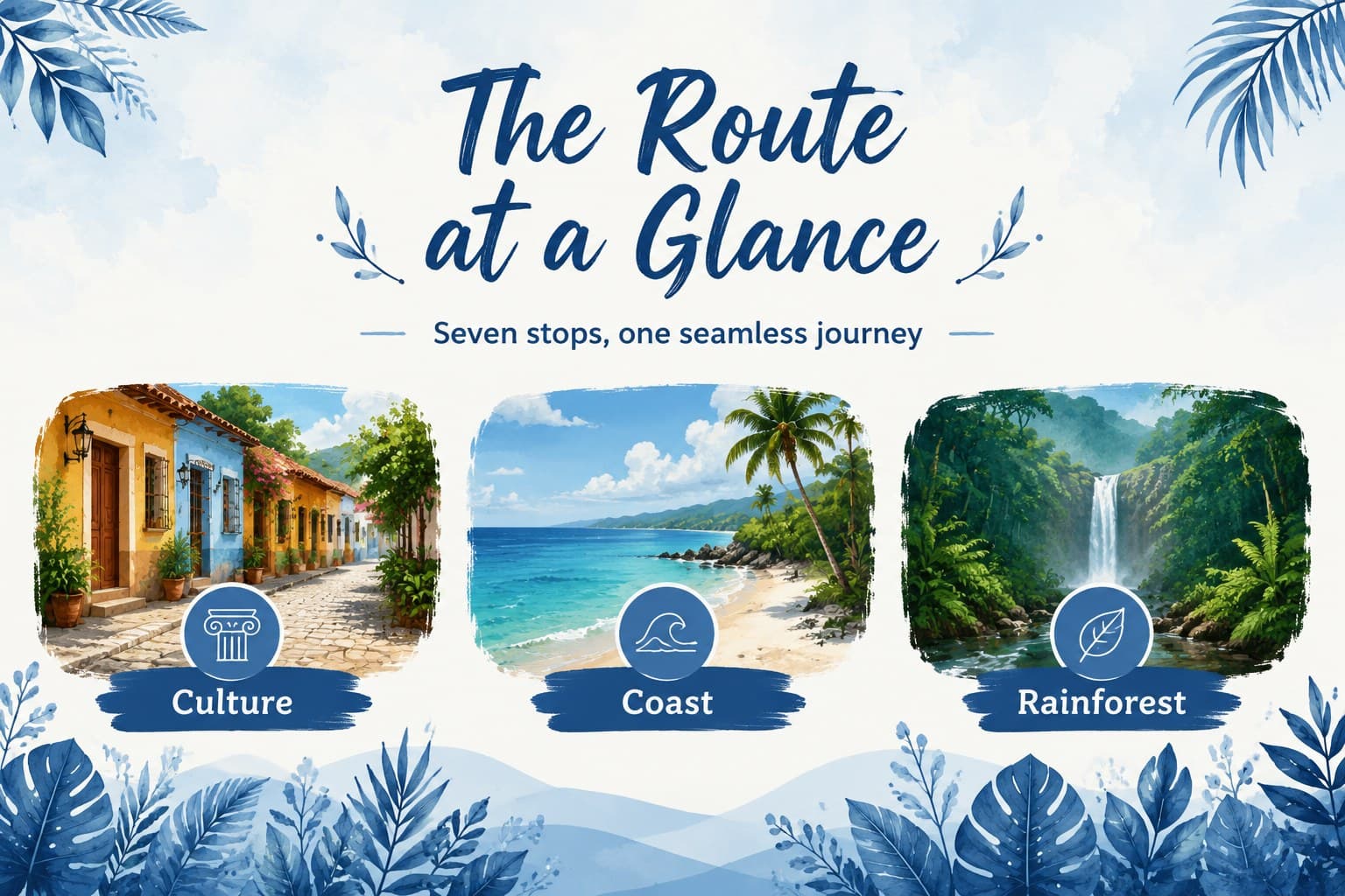 Blue illustrated overview slide introducing a multi-country Central America travel route with botanical details.