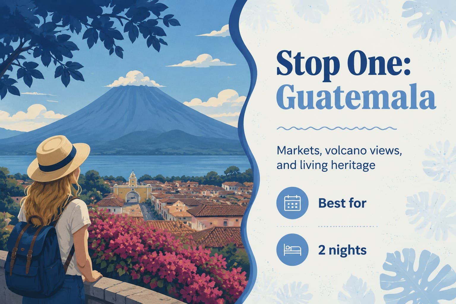 Botanical destination profile slide highlighting Guatemala as part of an editable tourism itinerary.