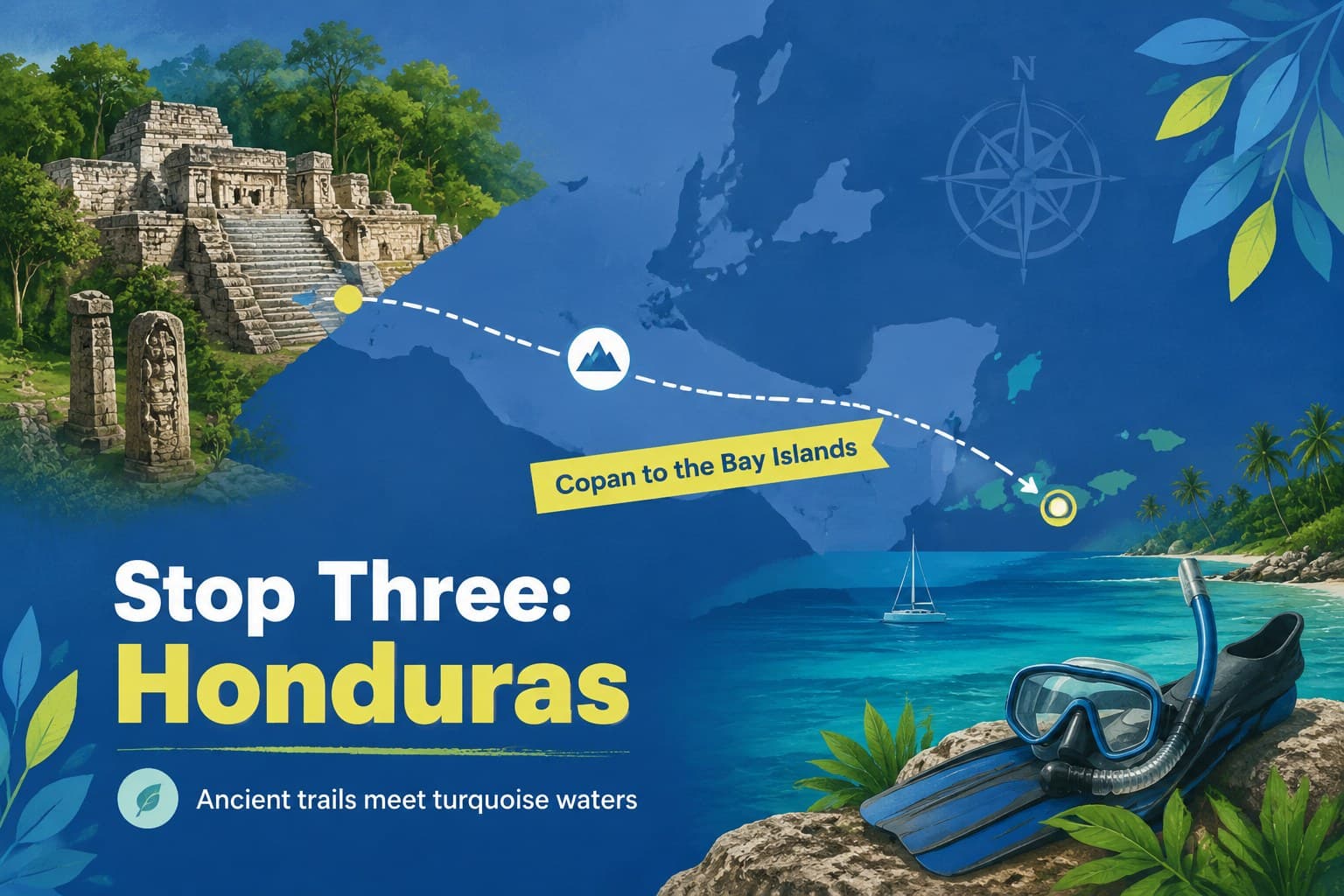 Blue botanical itinerary slide mapping Honduras highlights and recommended activities for travelers.