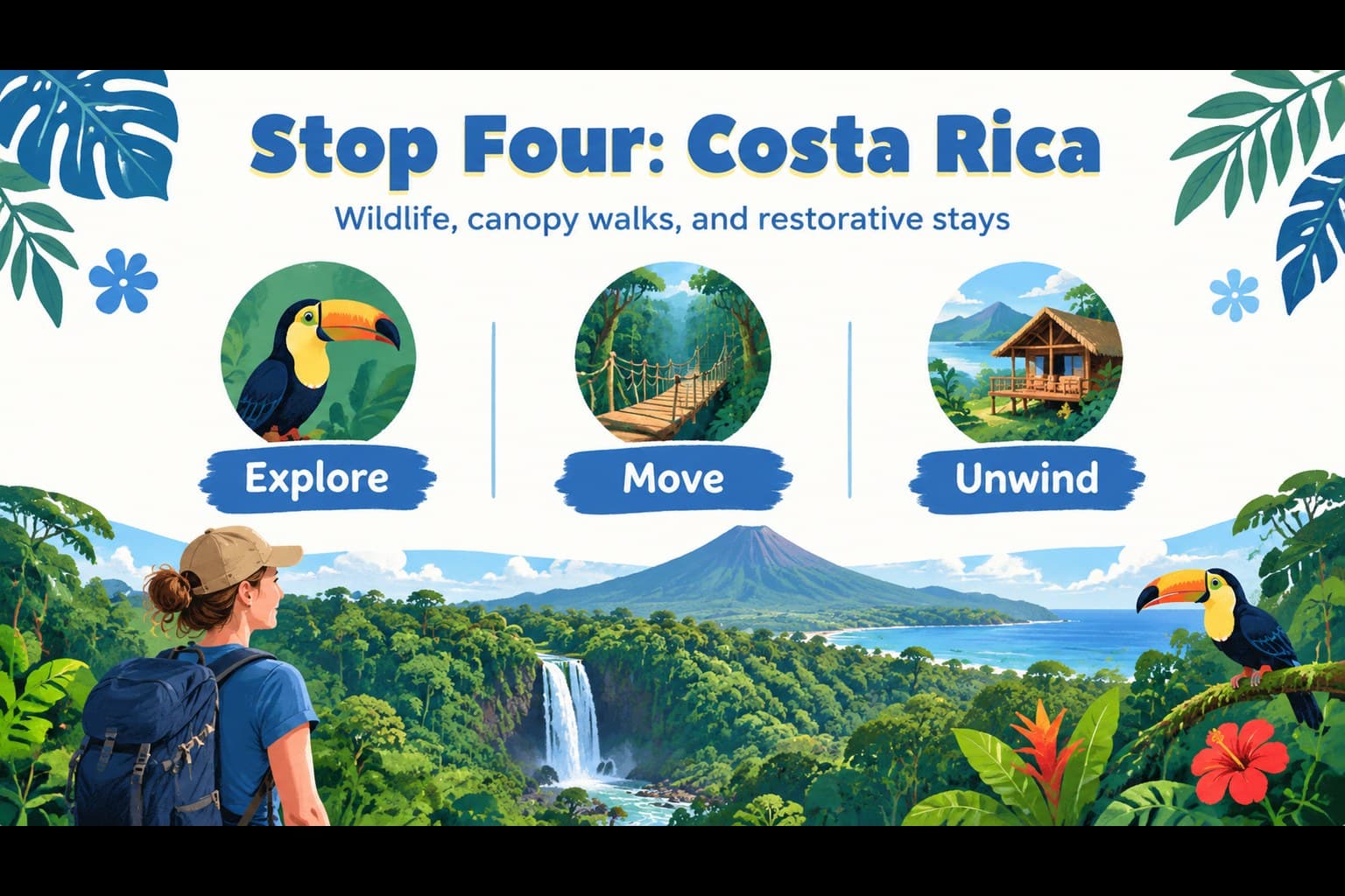Costa Rica travel experience slide combining rainforest scenery, wildlife, and itinerary timing.