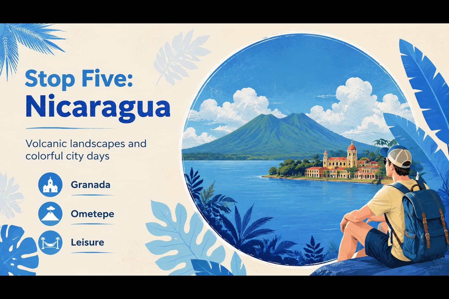 Nicaragua destination highlight slide featuring a blue illustrated lake, city, and activity itinerary.