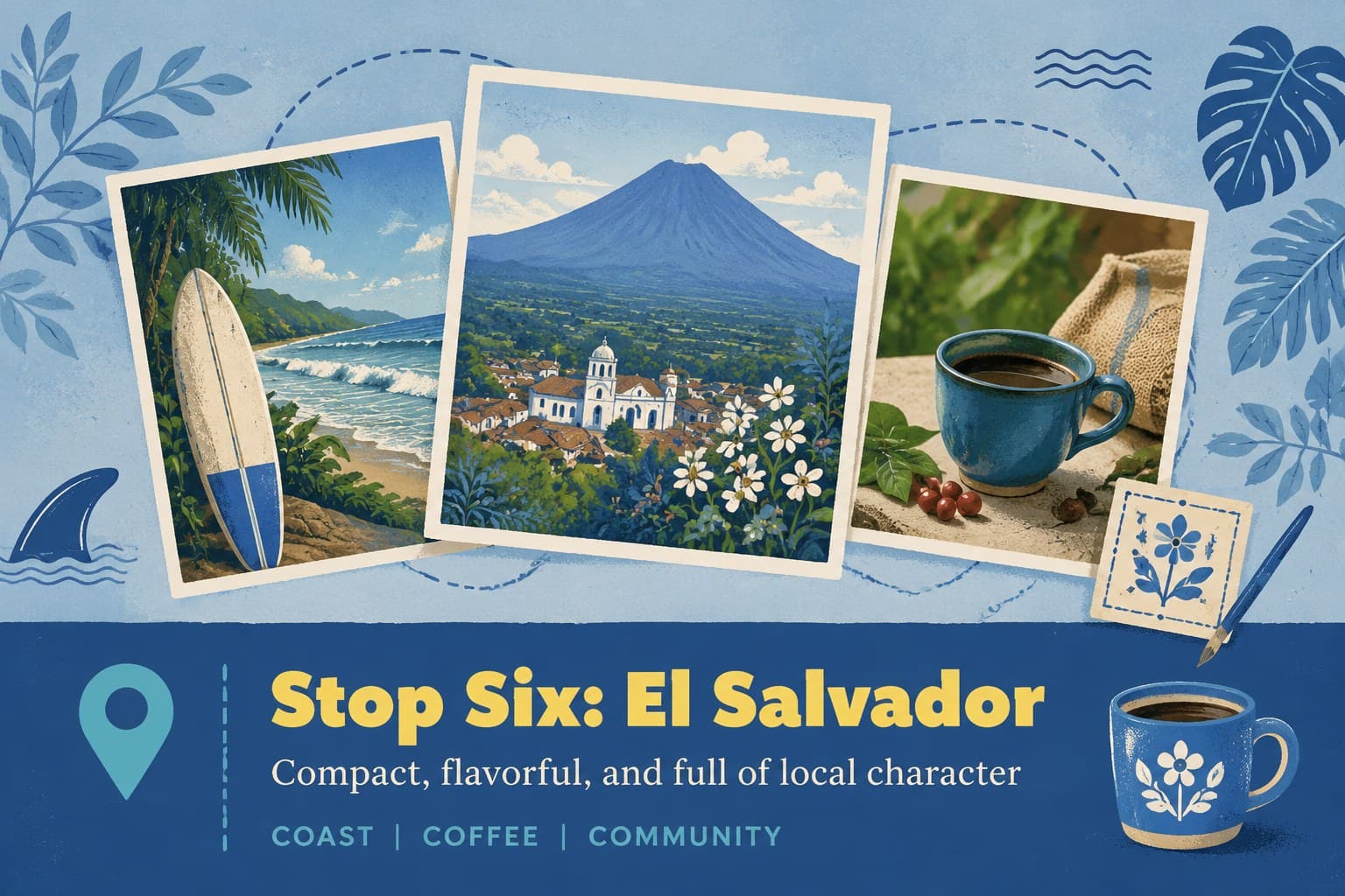 El Salvador travel plan slide organizing coastal, culinary, and cultural experiences in a blue botanical style.