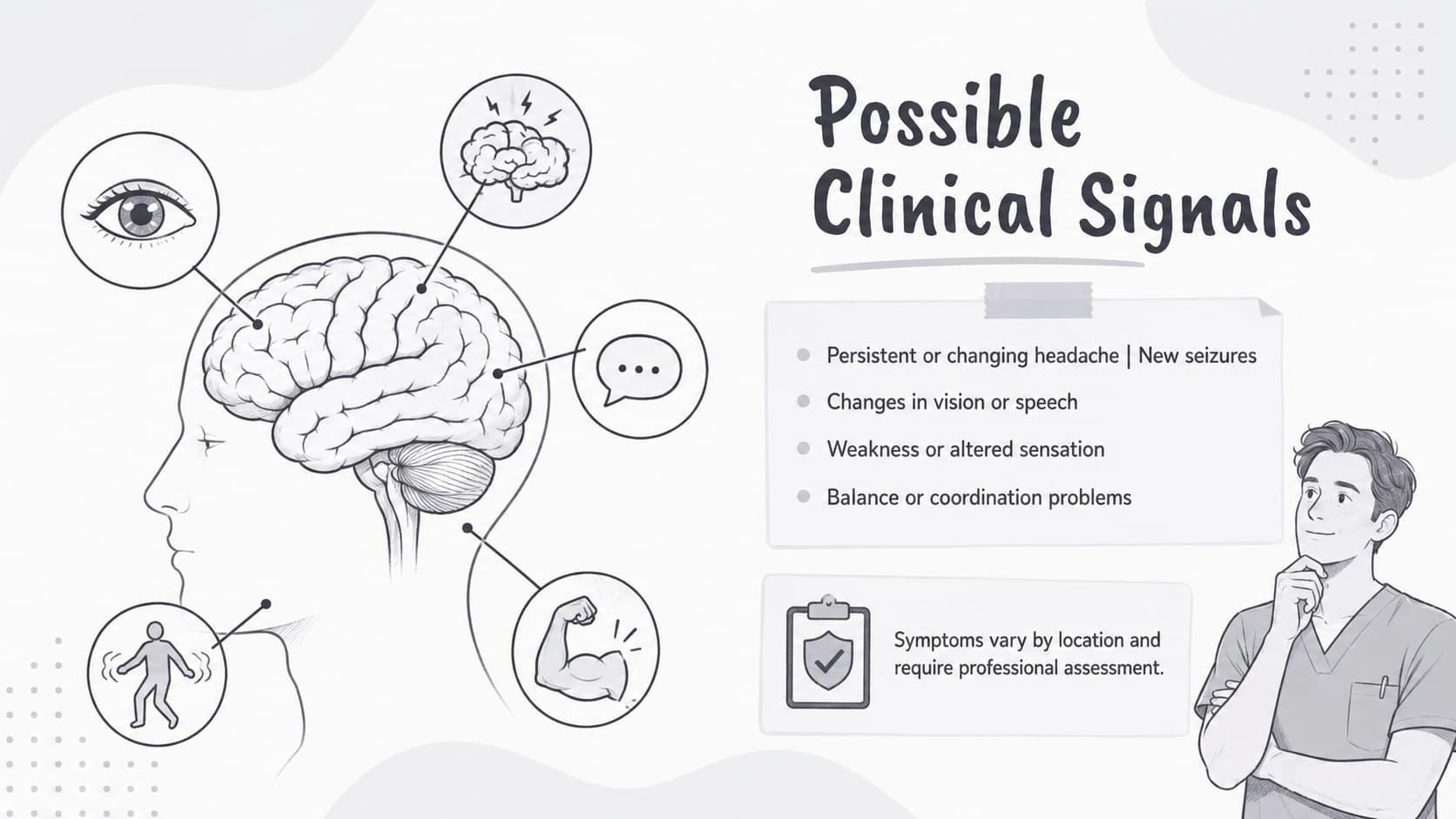 Clinical teaching slide showing possible neurological symptoms associated with central nervous system tumors.