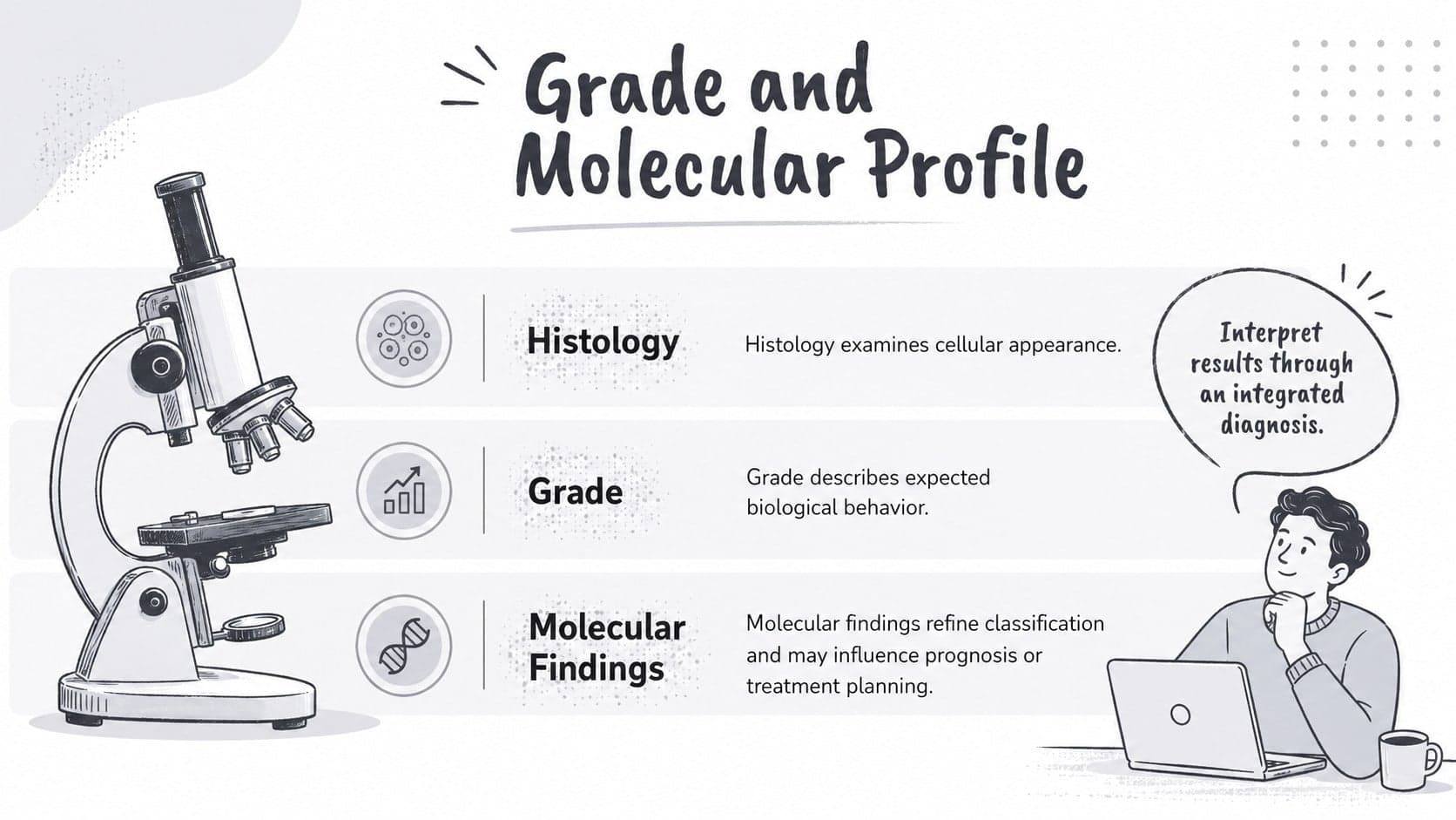 Medical education slide explaining tumor grade, molecular features, and integrated diagnosis.