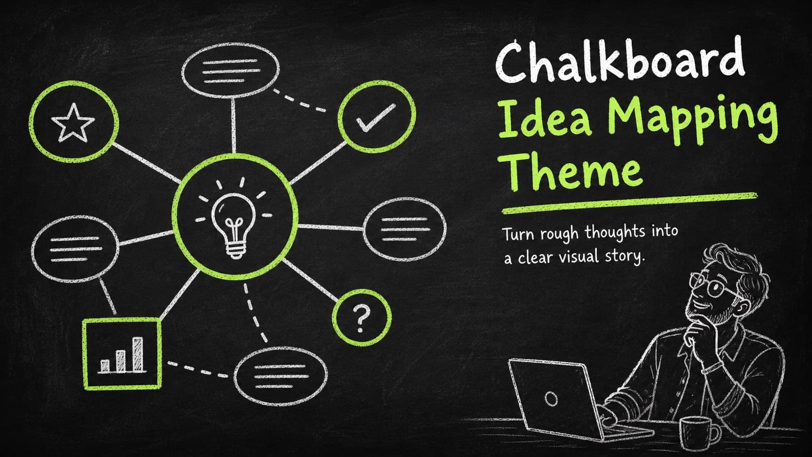 Cover slide for a chalkboard idea mapping theme with a bold headline and green doodle accents.
