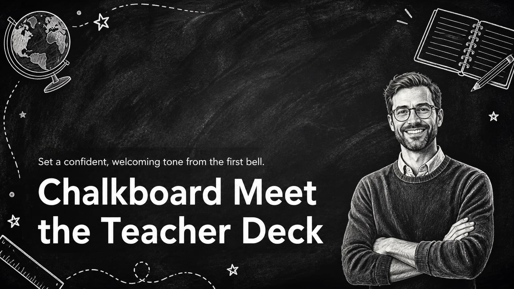 Cover of a chalkboard meet the teacher deck with bold white lettering and hand-drawn school accents.