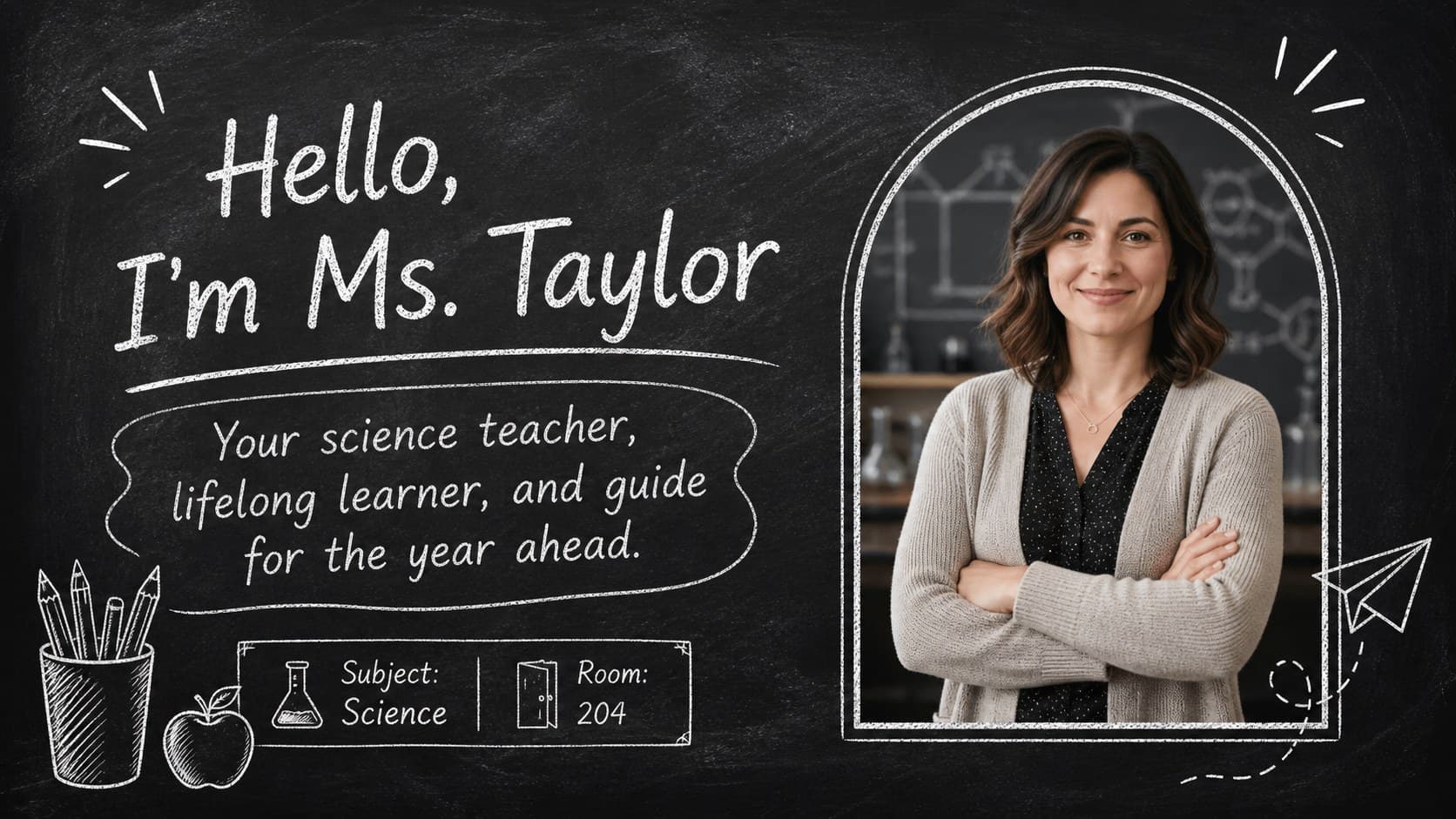 Teacher profile slide with an introduction, portrait space, and chalk-doodle details.