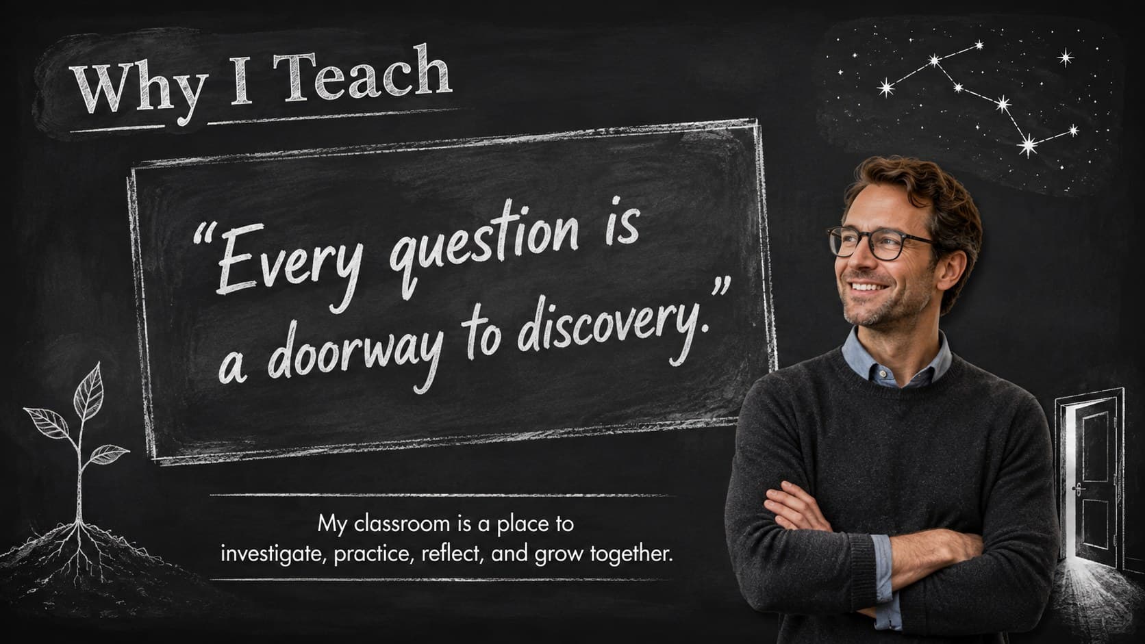 Teaching philosophy slide with a chalk quote and original education illustrations.