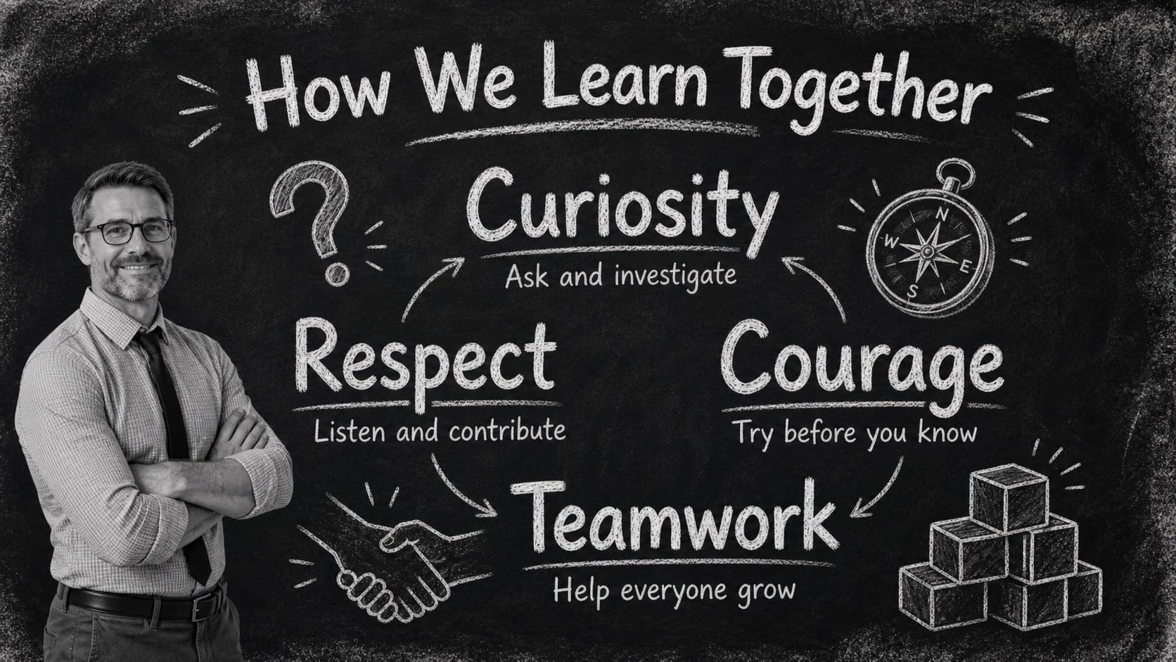 Classroom values slide highlighting curiosity, respect, courage, and teamwork.