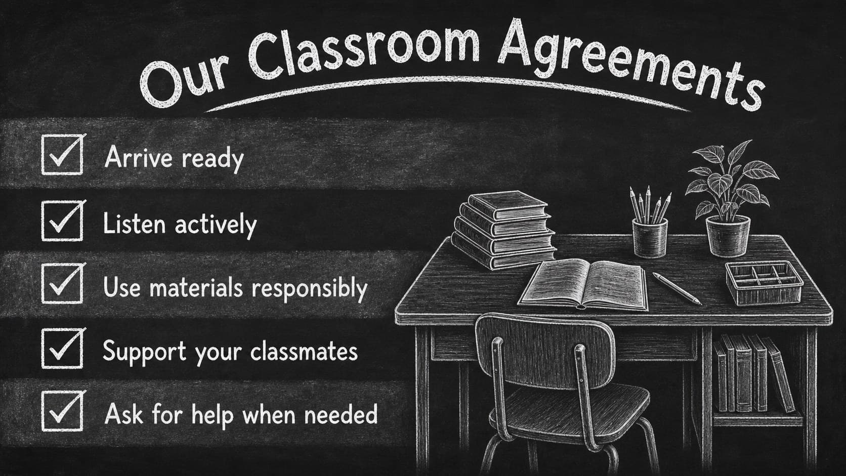 Classroom expectations slide with a concise checklist in a monochrome chalkboard style.