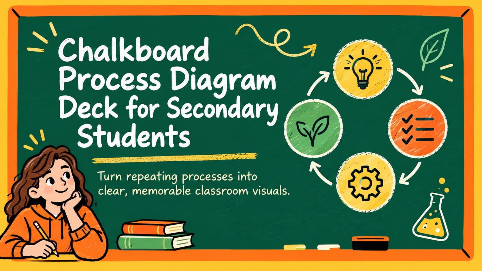 Cover of the Chalkboard Process Diagram Deck for Secondary Students with colorful circular arrows and classroom doodles.