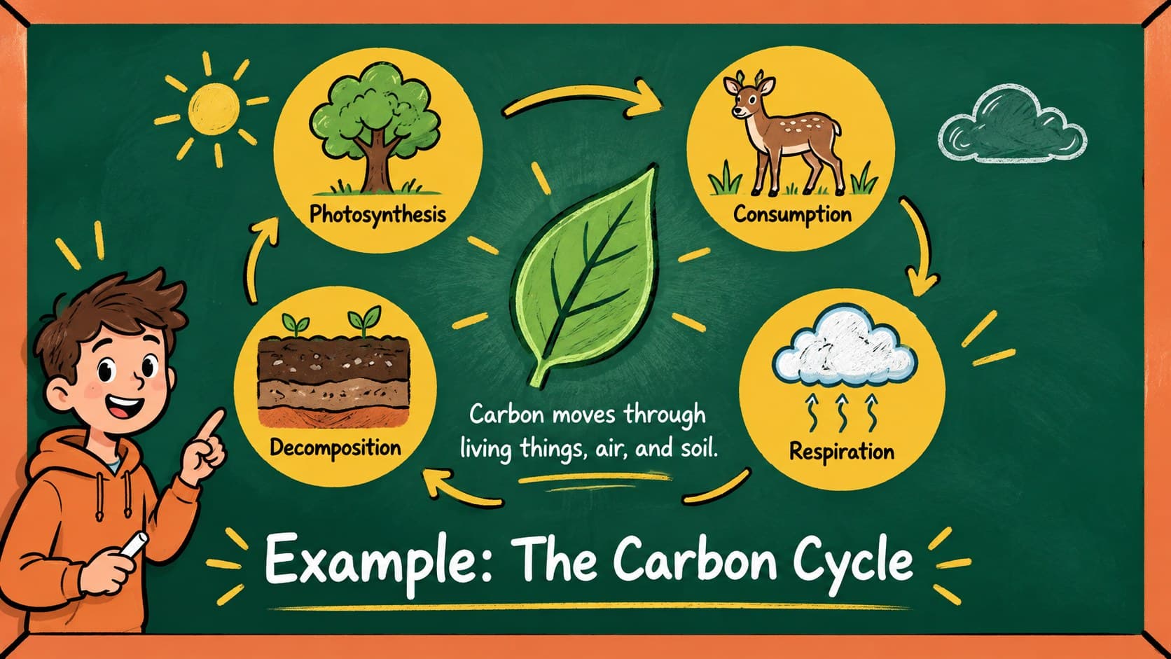 Science cycle diagram slide showing how carbon moves through four connected stages.