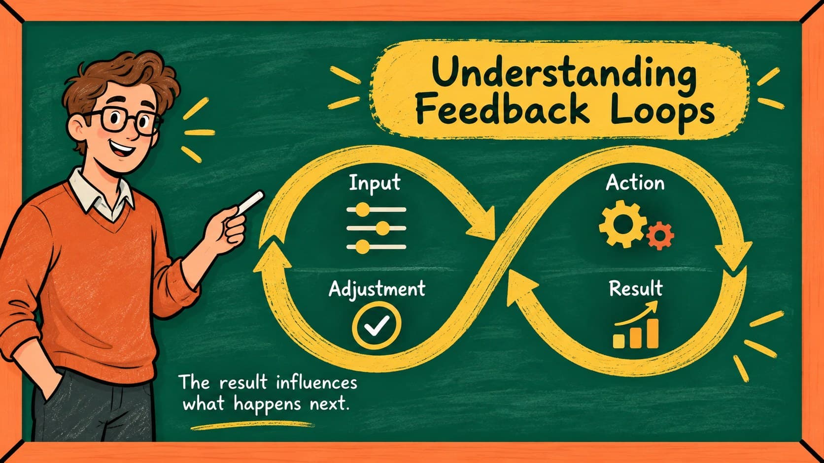 Feedback loop diagram with input, action, result, and adjustment stages on a textured classroom chalkboard.