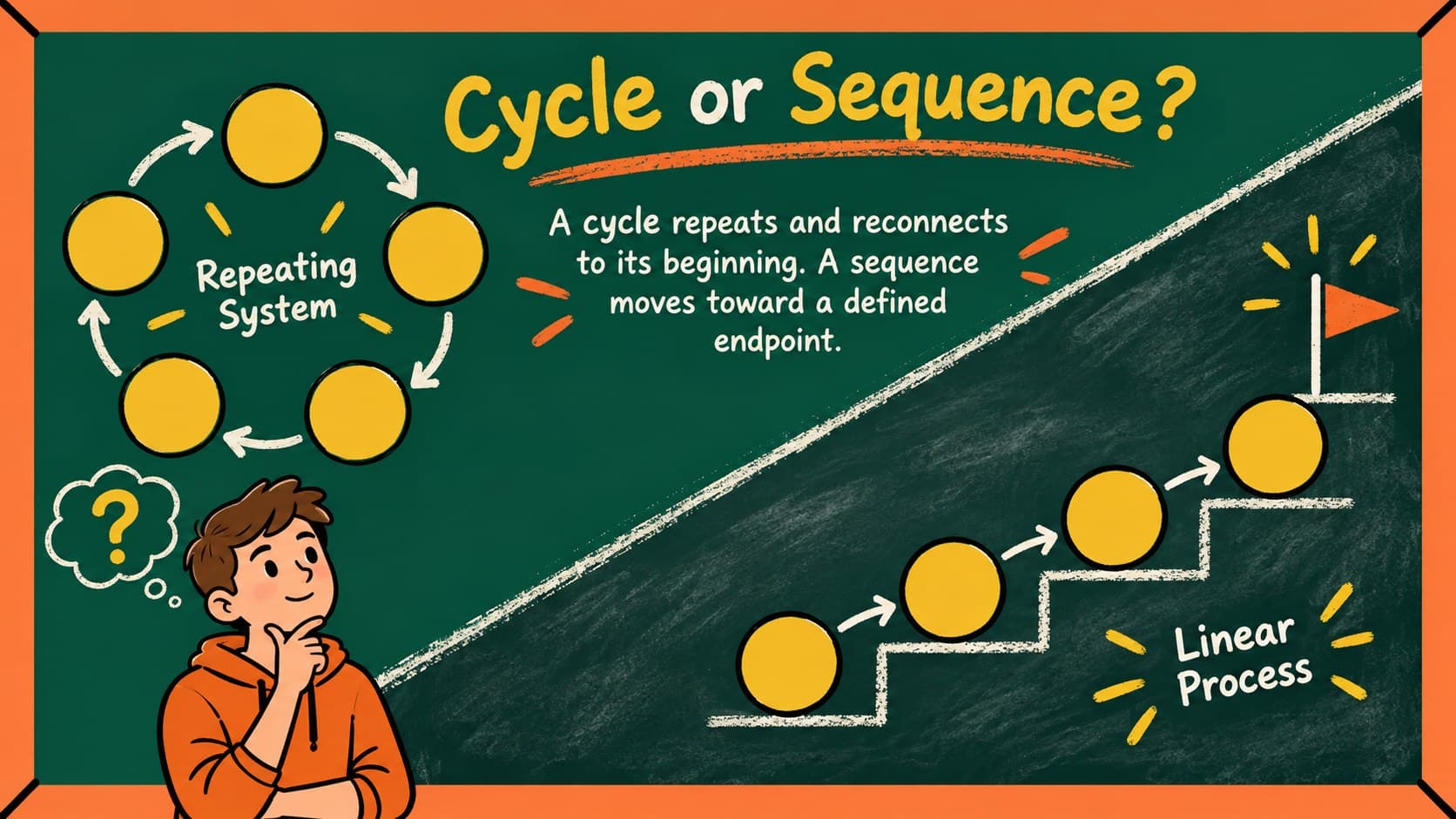 Chalkboard comparison slide contrasting a closed cycle with an open-ended sequence for secondary students.