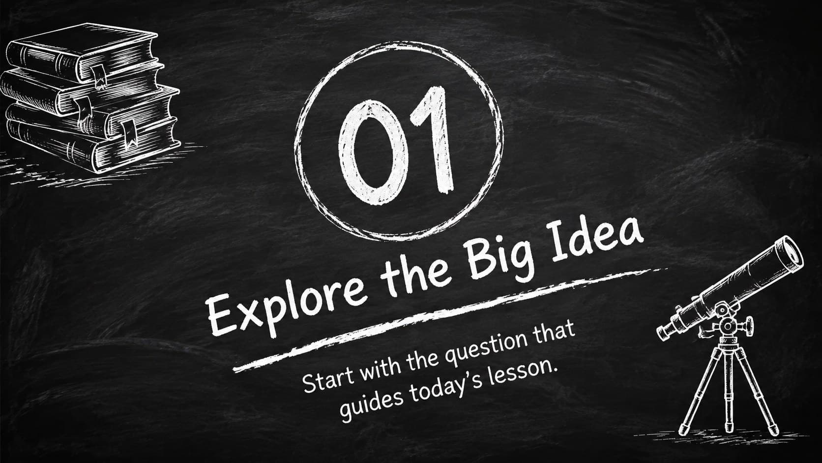 Black and white classroom presentation slide introducing a new lesson section with a chalk illustration.