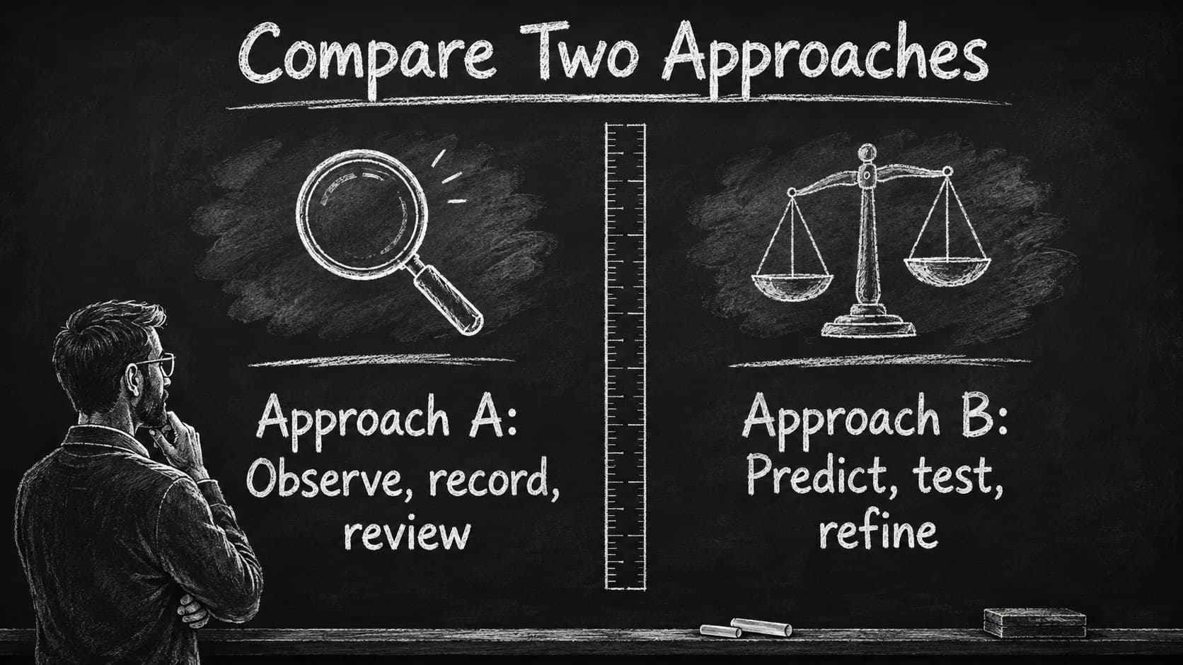 Chalkboard teaching slide comparing two classroom approaches in balanced columns.