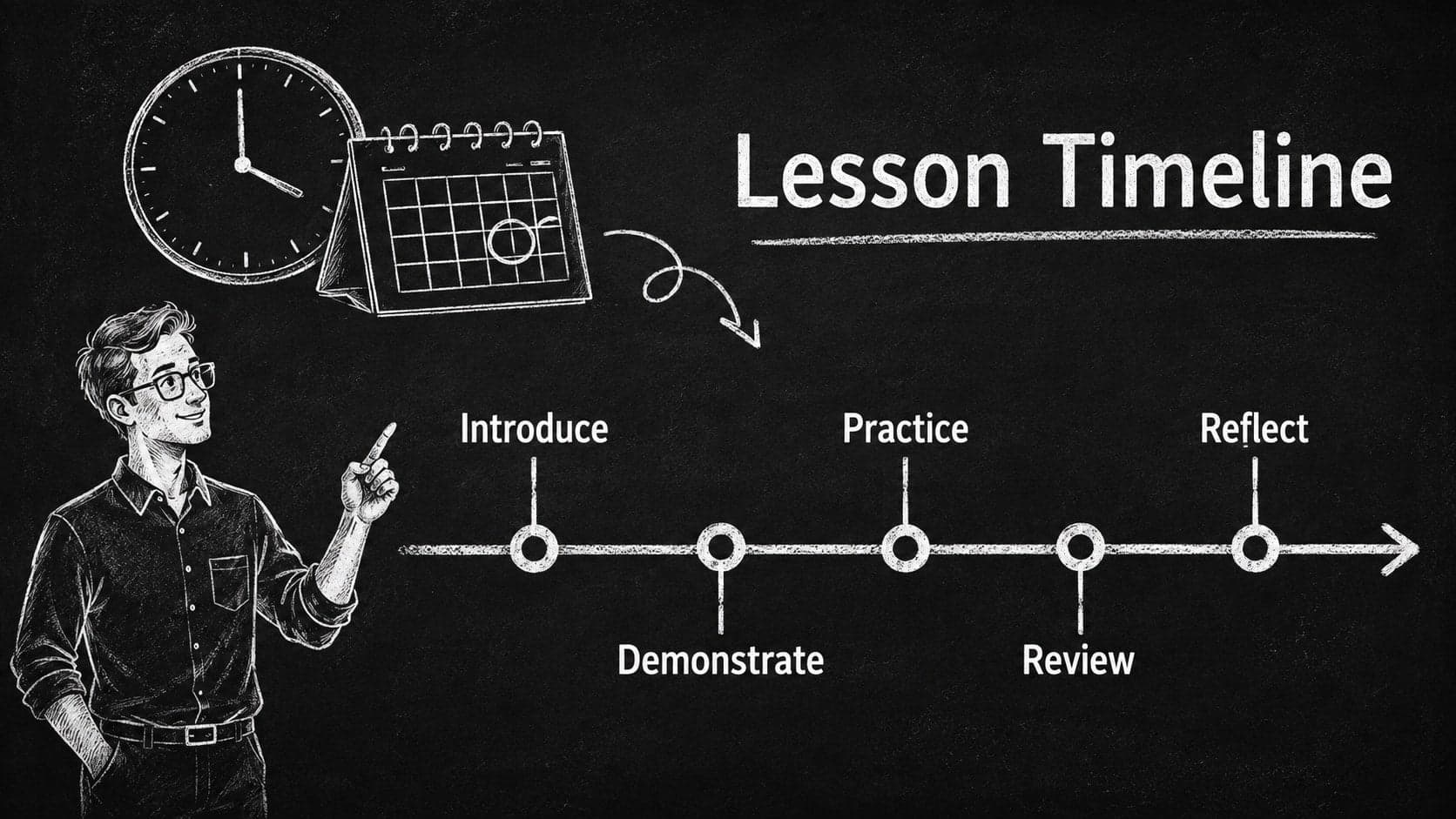 Hand-drawn teaching presentation slide with a five-stage educational timeline.
