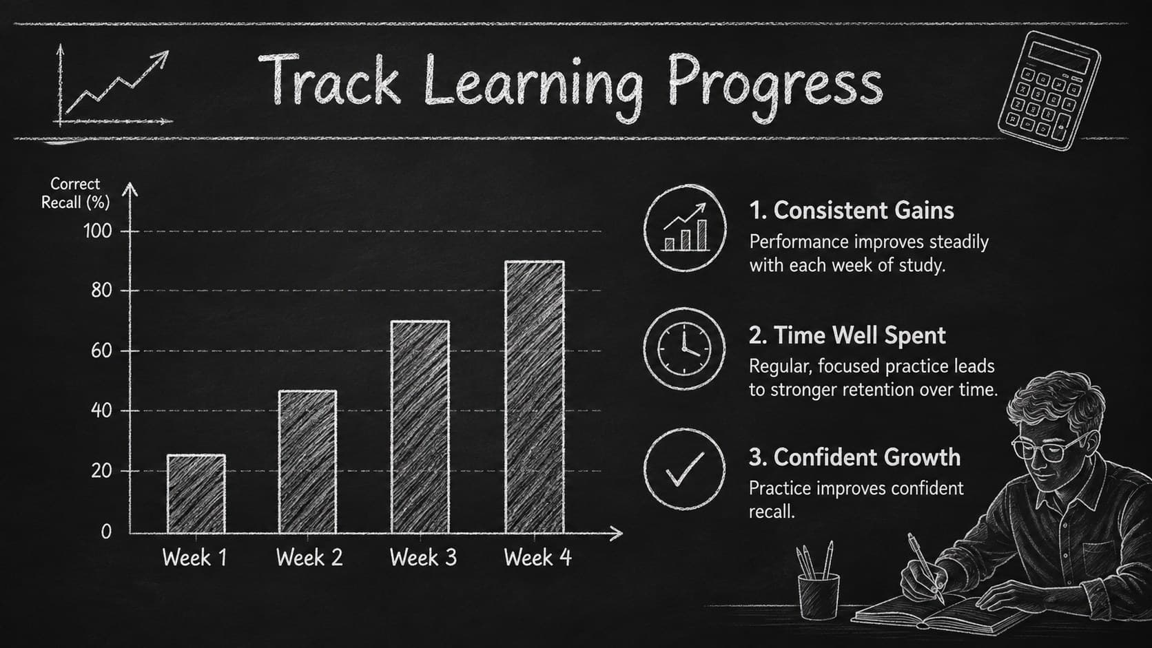 Black and white classroom presentation with a chalk bar chart and concise learning data notes.