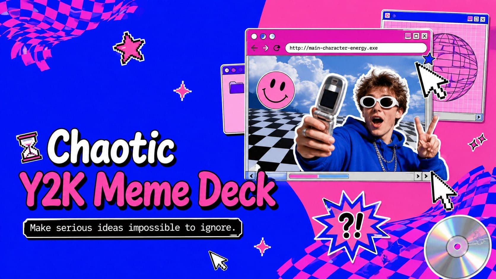 Cover for the Chaotic Y2K Meme Deck with electric blue and hot pink gradients, oversized lettering, and playful internet graphics.