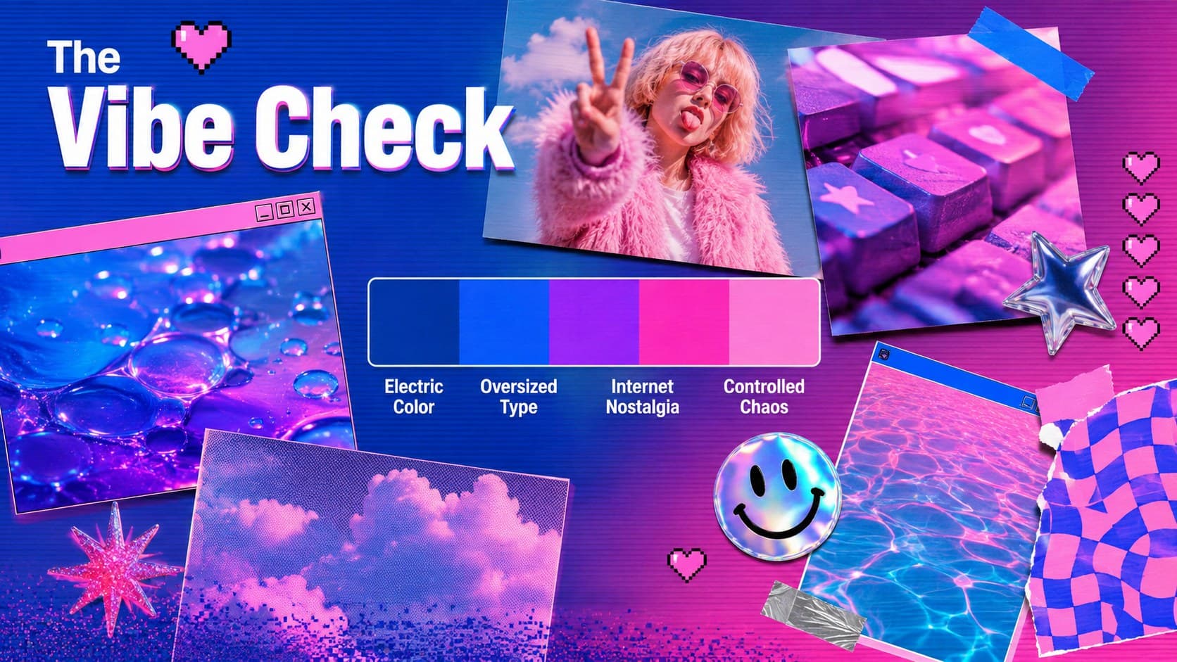 Chaotic presentation theme moodboard combining blue-pink gradients, internet stickers, bold type, and image samples.